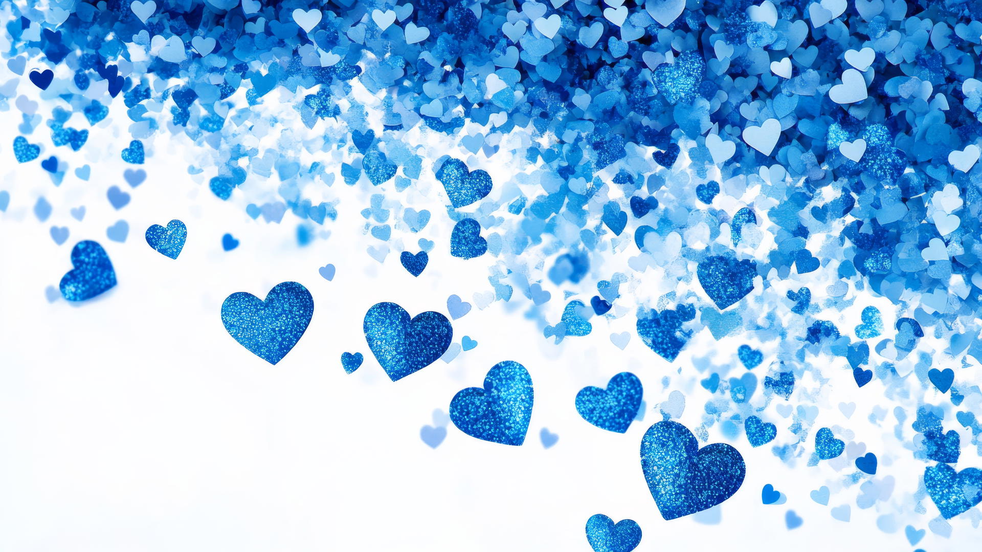 blue heart wallpaper with exploding hearts in various sizes and shades on white background