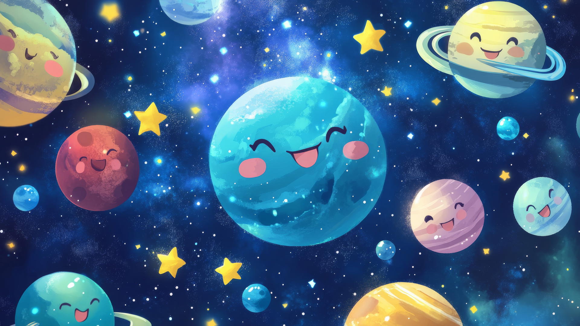 cute blue wallpaper with smiling cartoon planets and stars