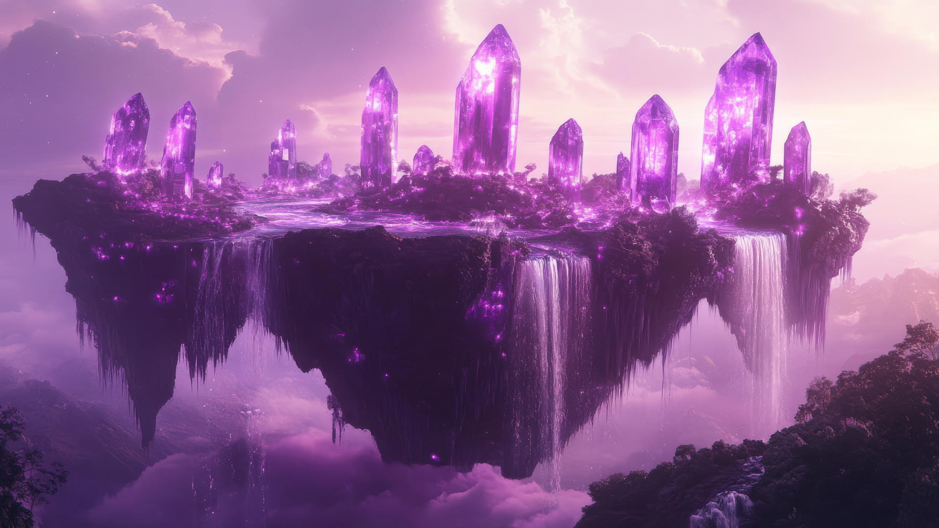 aesthetic purple wallpaper with floating island, waterfalls, and glowing purple crystals