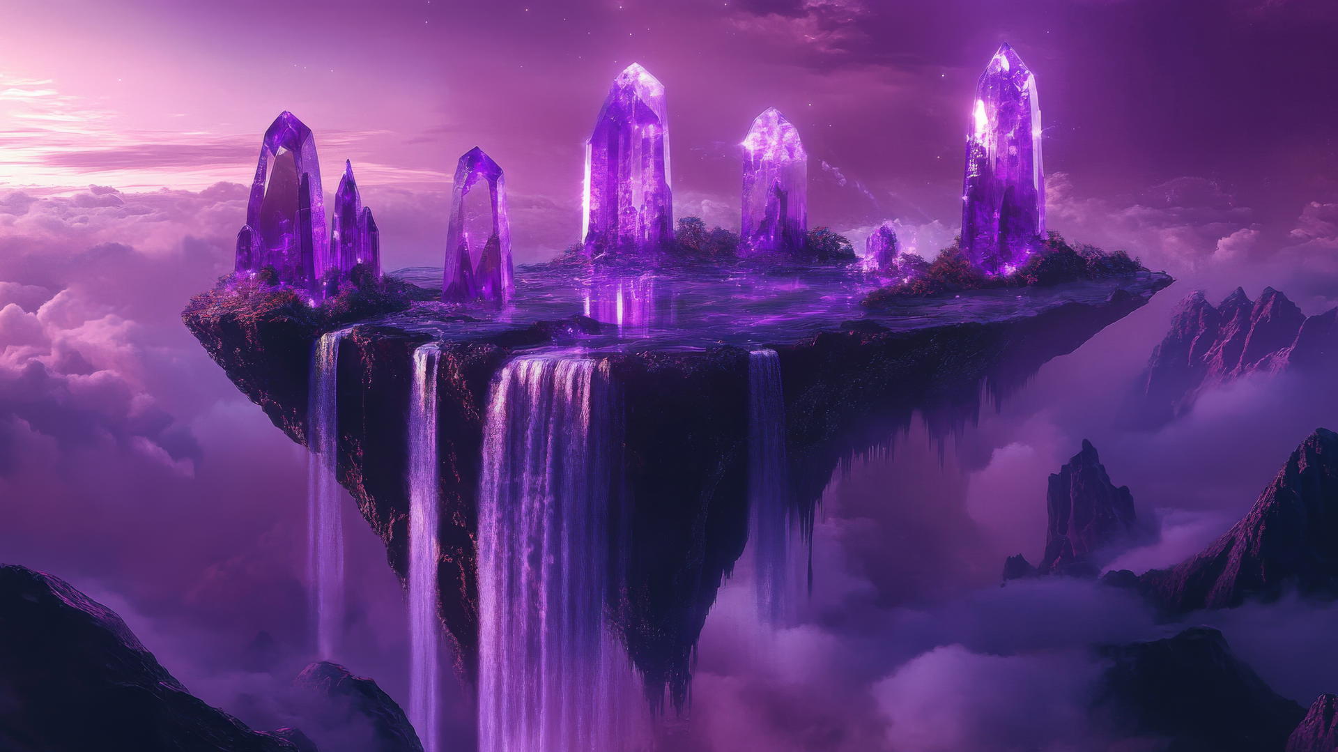 A surreal aesthetic purple wallpaper with a floating island, waterfalls, and glowing purple crystals.