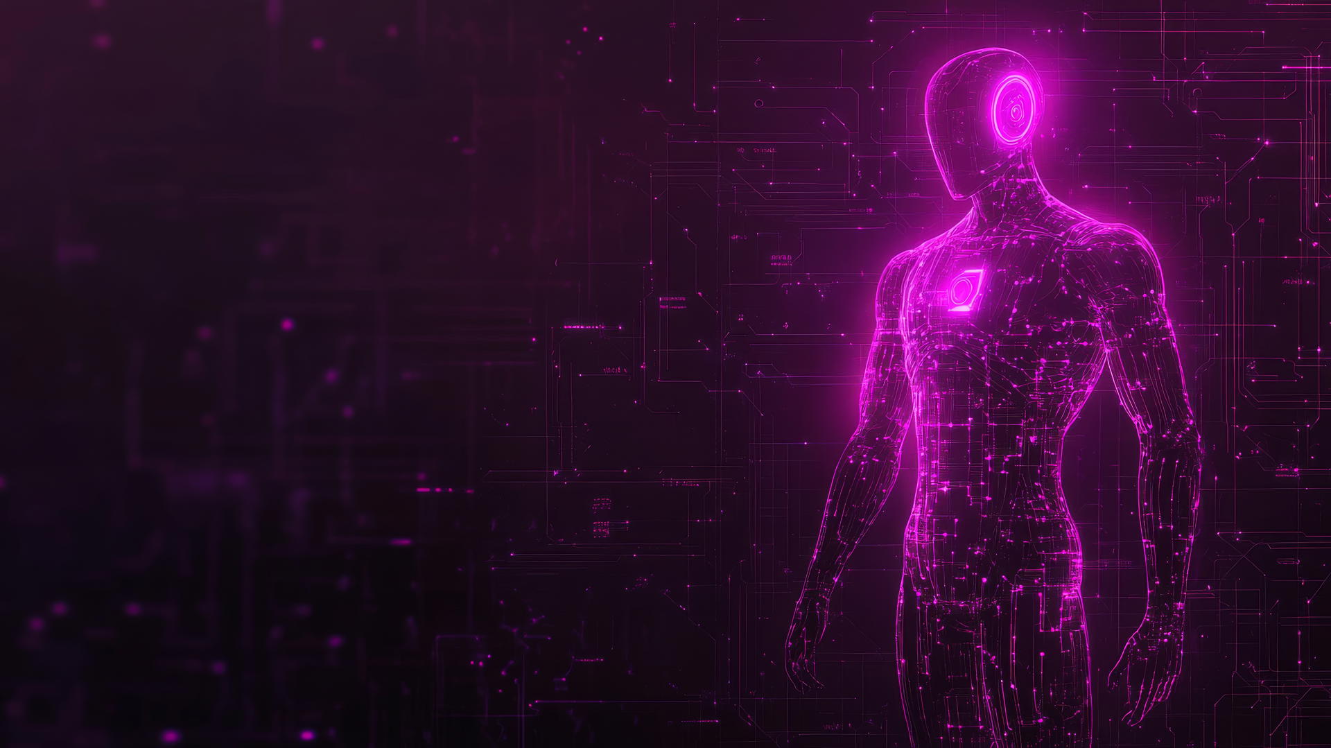 futuristic robot outlined in neon purple lights against a dark backdrop with electric circuits