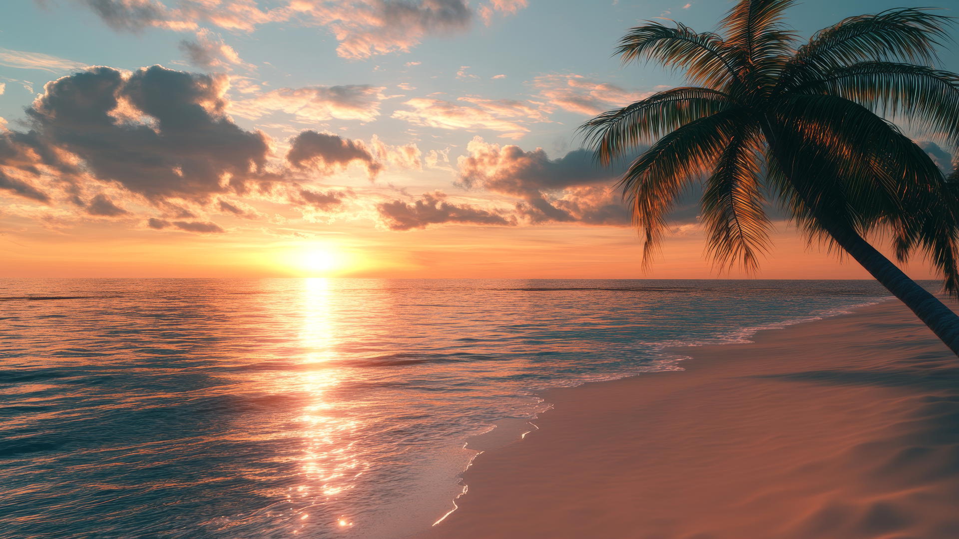 beach wallpaper with serene tropical sunset, palm trees swaying, and golden rays on calm ocean