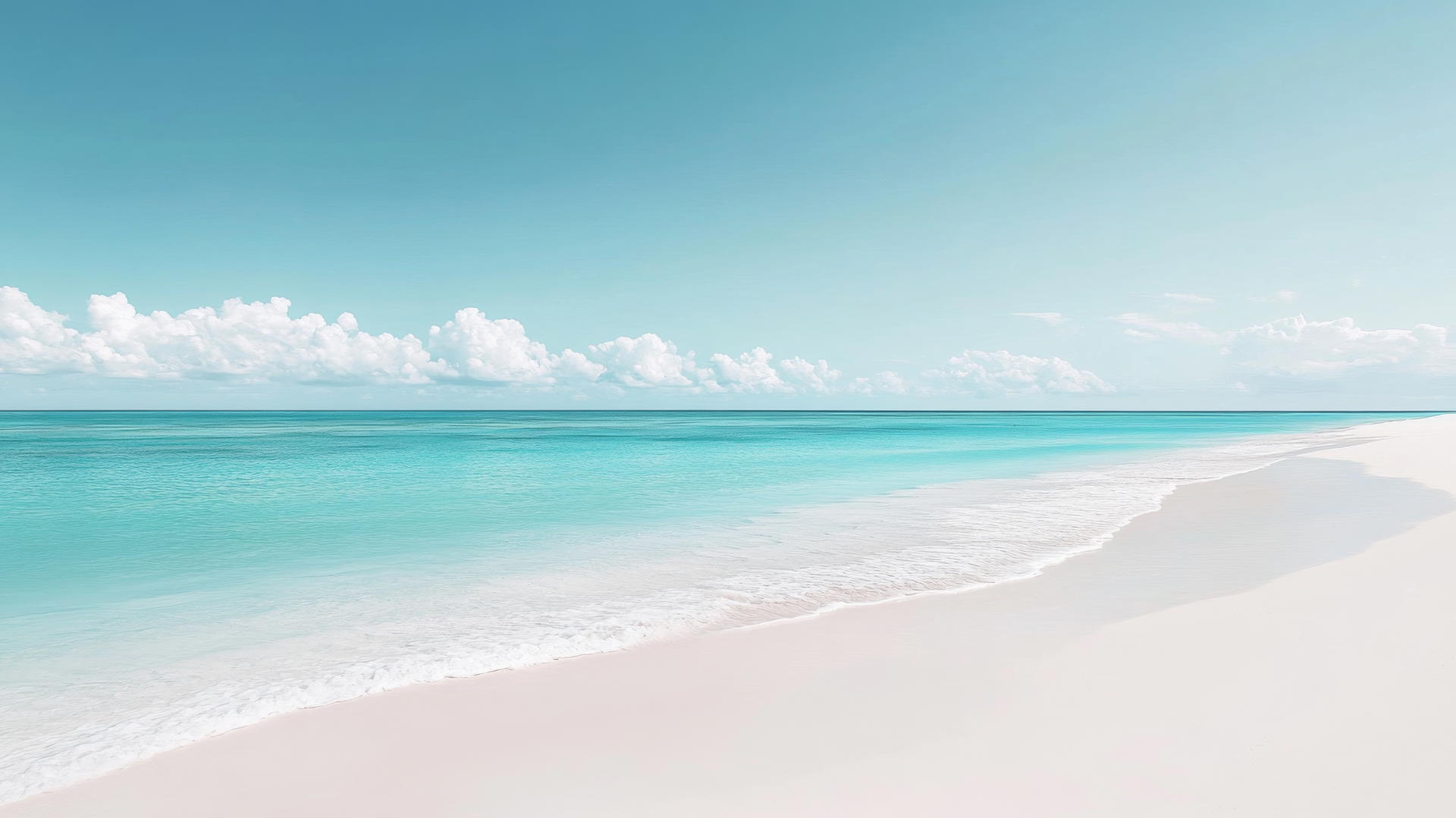 Minimalist beach background wallpaper with smooth white sand, calm blue water, and pale blue sky.