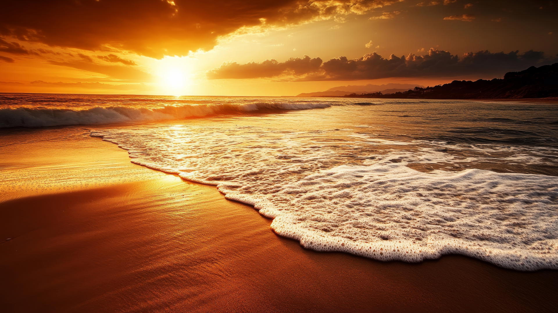 High-contrast beach scene at sunrise with warm glow on waves for beach pictures wallpaper