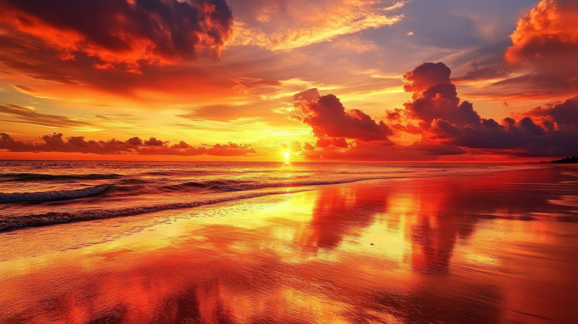 Surreal sunset beach wallpaper with fiery red and orange skies reflecting on a wet beach