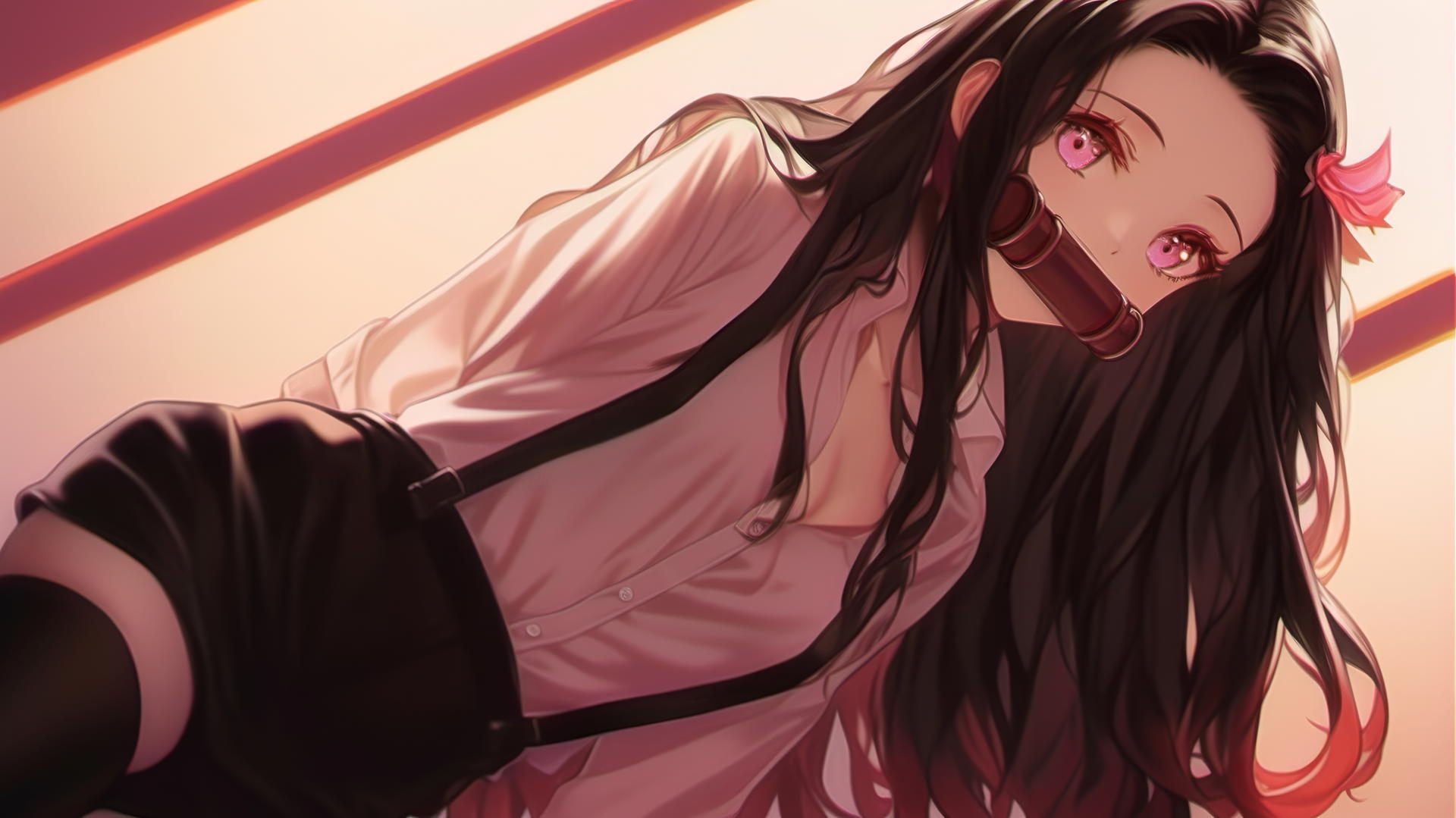 Nezuko from Demon Slayer kneeling in a modern hotel room, wearing an office shirt, warm light