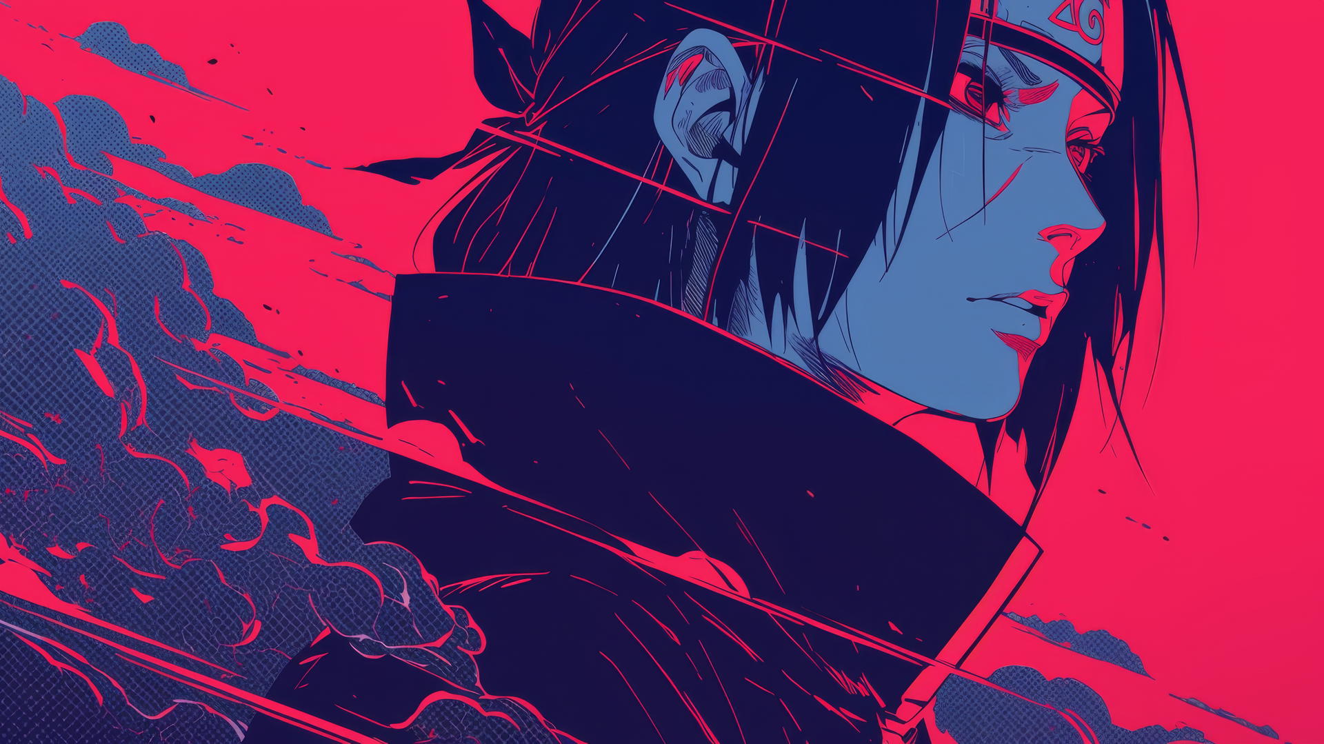 itachi uchiha drawing in halftone print with exaggerated expressions