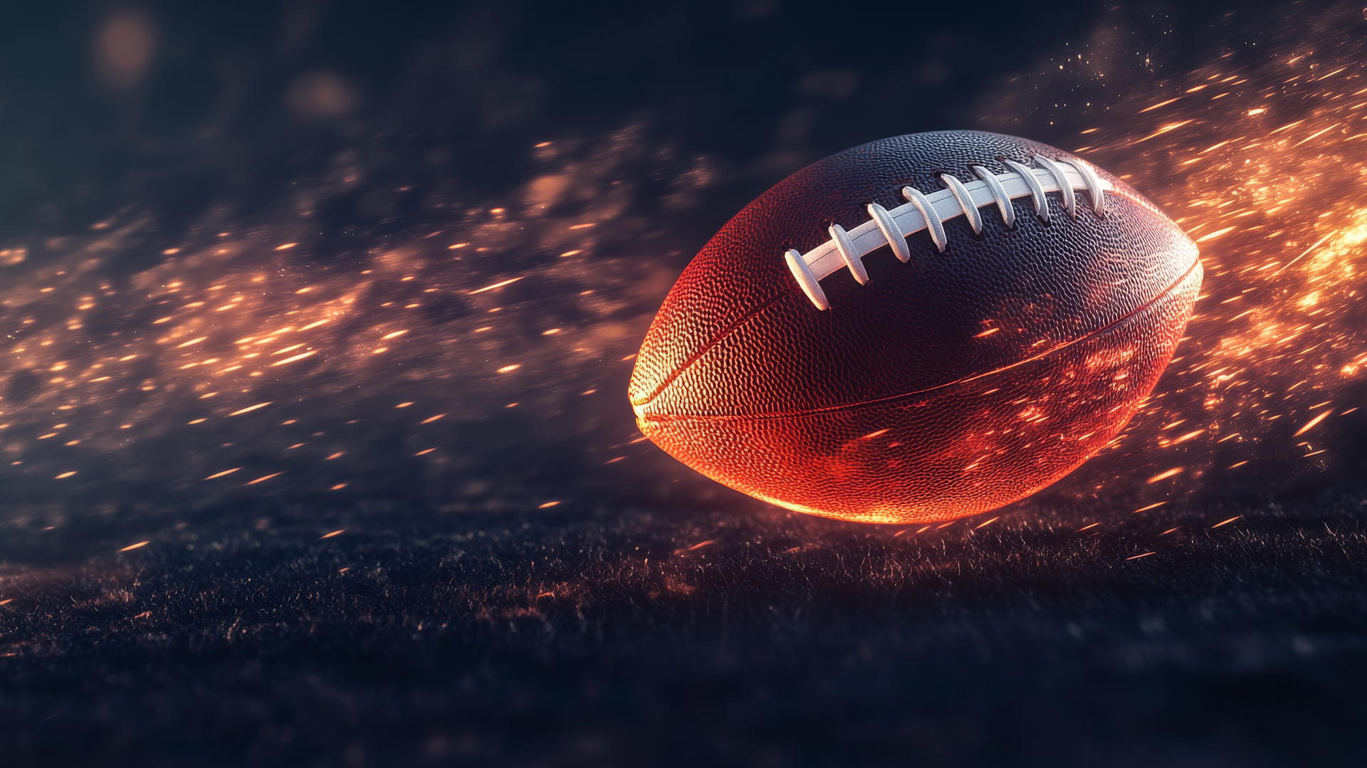 Glowing NFL football mid-spin with light trails on dark background