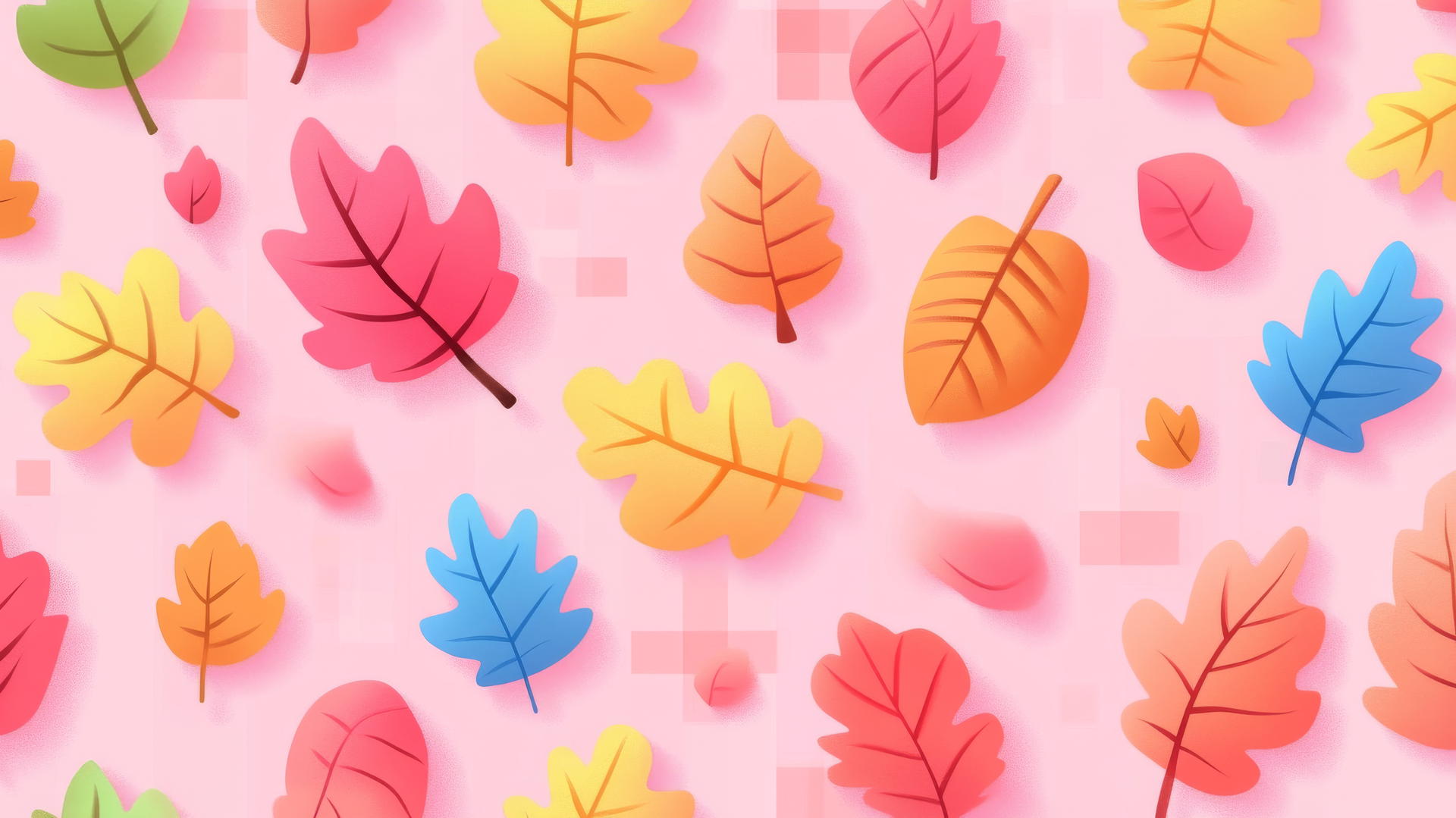 Colorful fall leaves pattern on pink background with plaid accents.