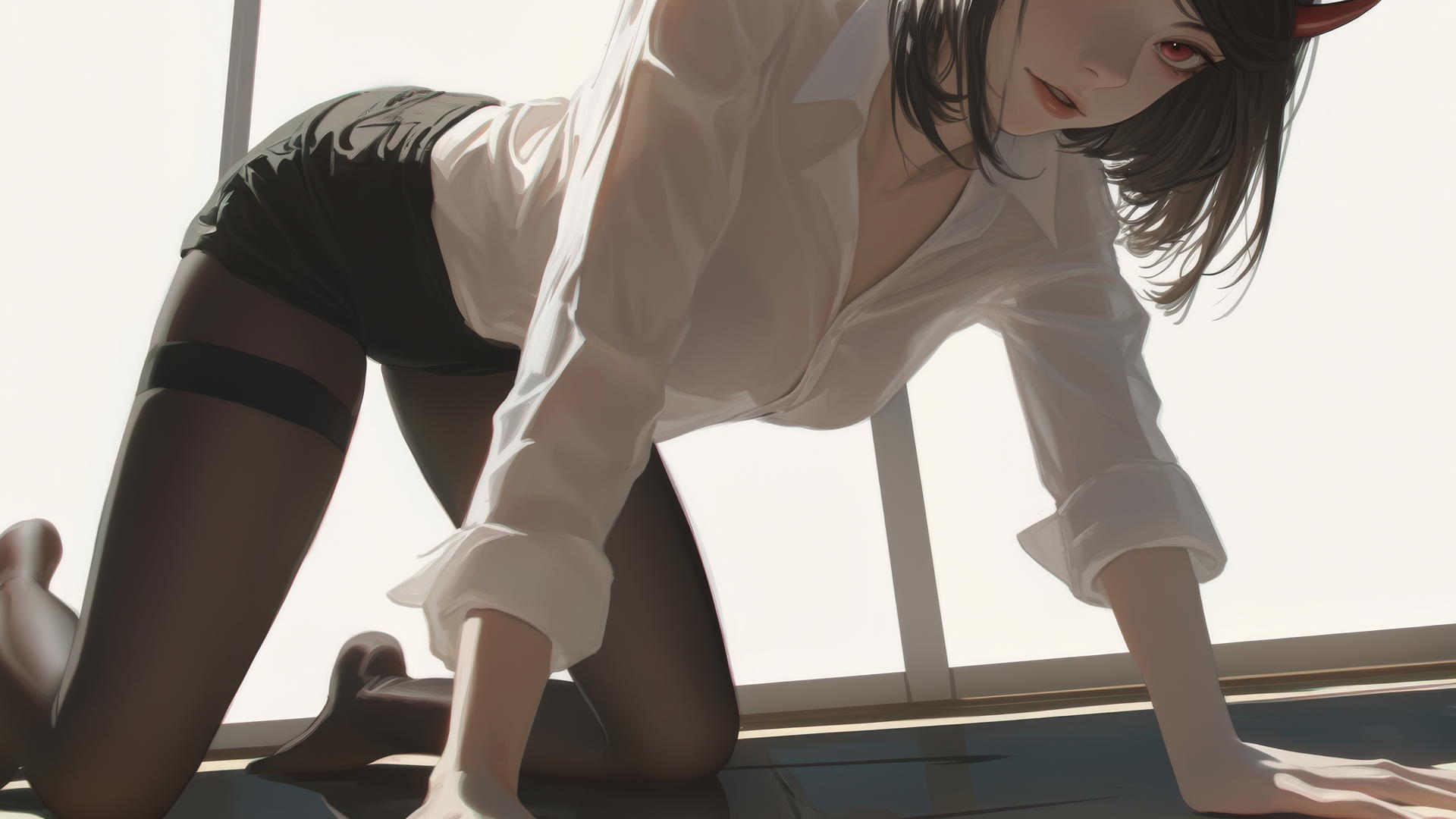 Demon girl kneeling in modern hotel wearing white shirt