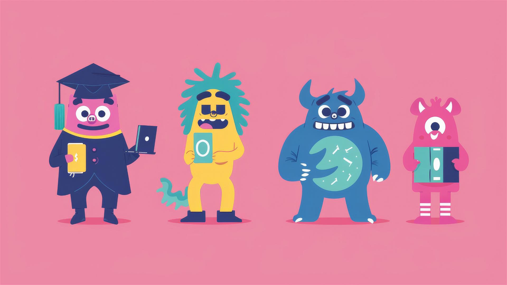 Cute monsters with graduation and study themes, vector illustration