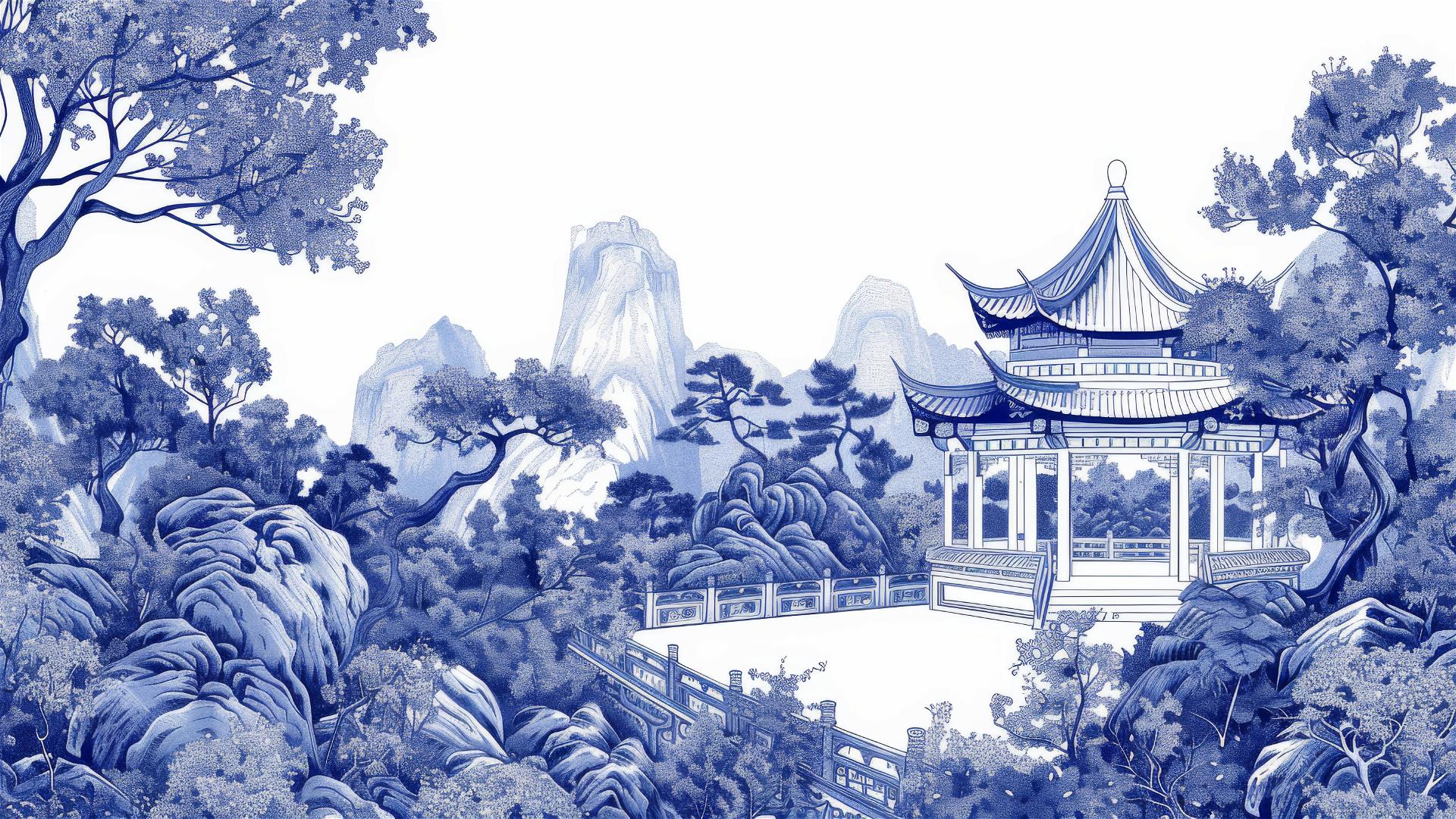 Minimalist wood engraving of Chinese landscape with pavilions, blue and white porcelain hues