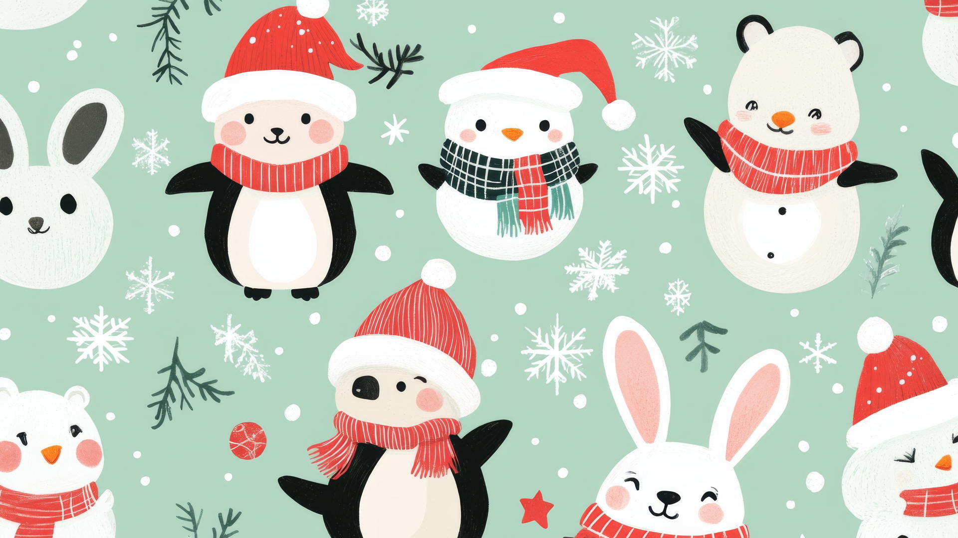 cute preppy Christmas wallpaper with penguins, polar bears, and rabbits in hats and scarves