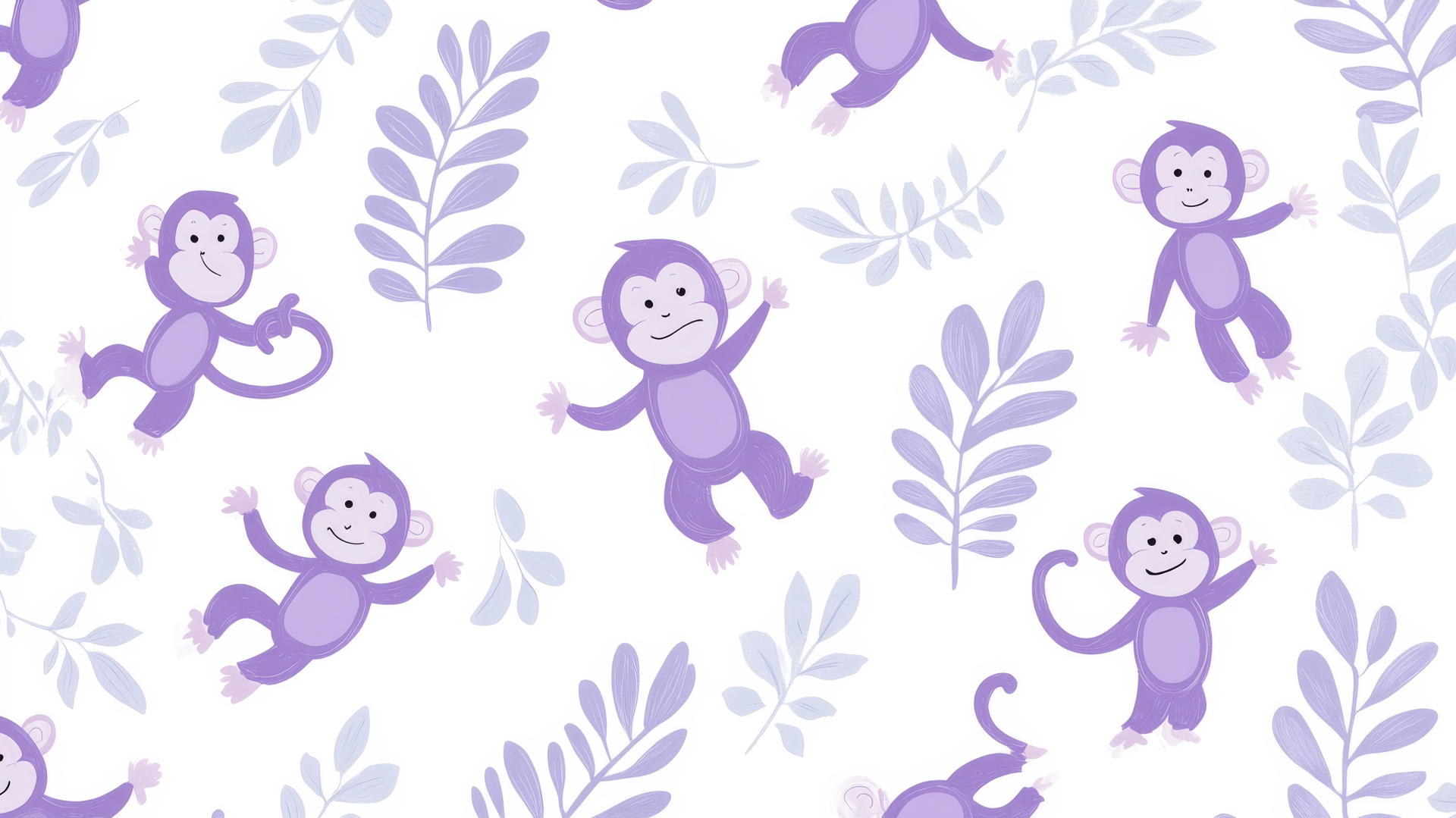 preppy wallpaper with light purple cartoon monkeys dancing on a white background