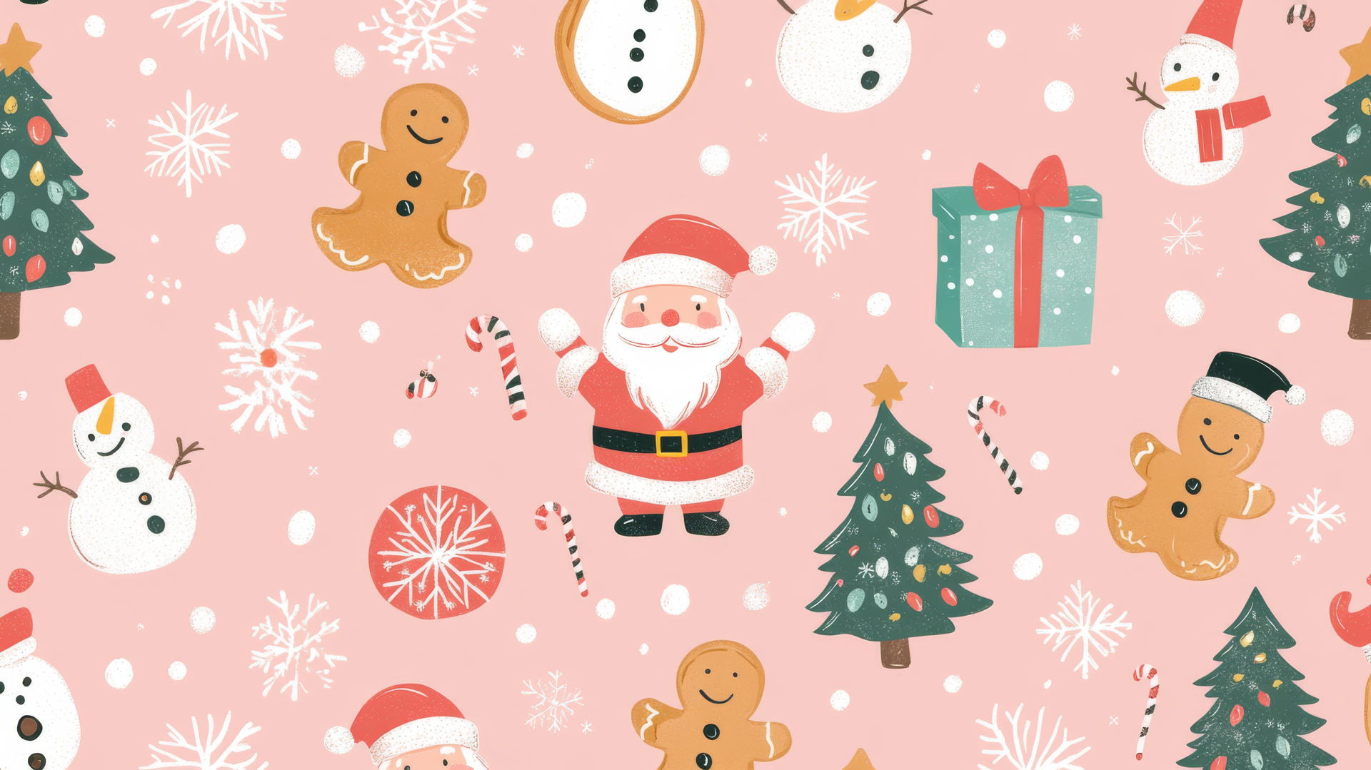 pink preppy wallpaper with Santa, gingerbread cookies, snowmen, and Christmas trees with colorful outlines