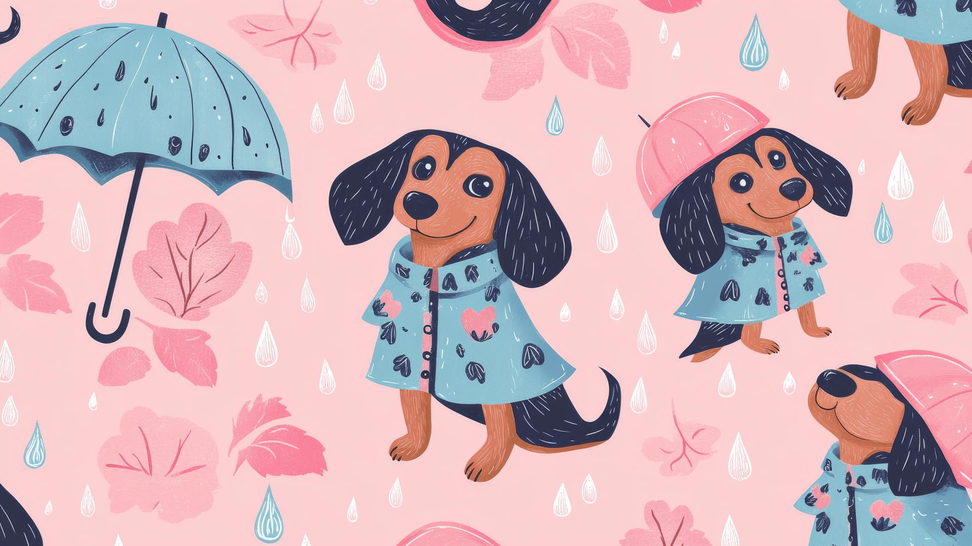 Preppy wallpaper pink with playful dachshunds and raindrop motifs