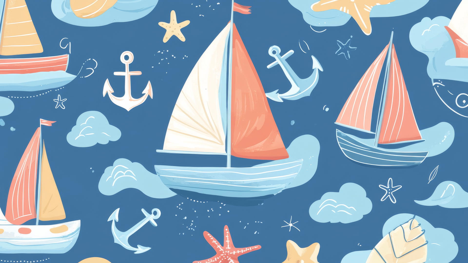 preppy summer wallpaper with hand-drawn sailboats, anchors, starfish on pastel blue