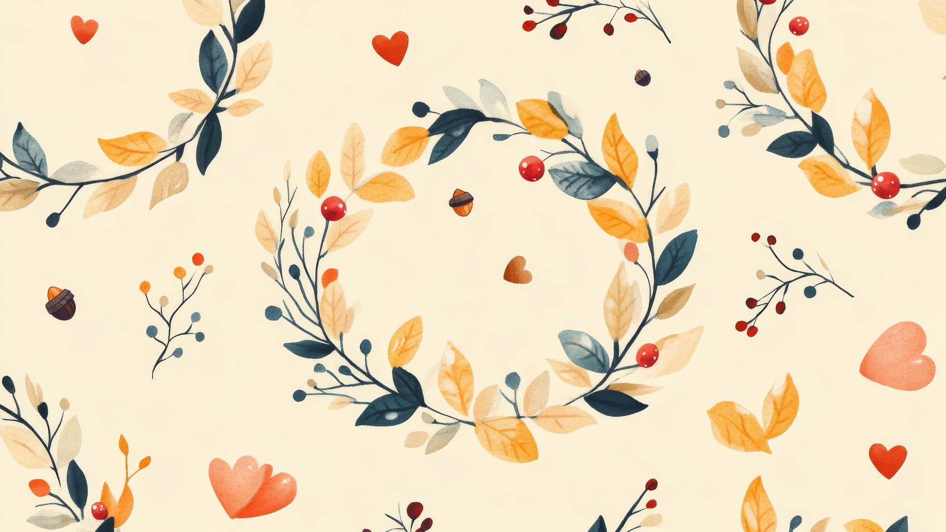 preppy fall wallpaper with hand-drawn wreaths of leaves, berries, twigs, hearts, and acorns on pastel yellow background