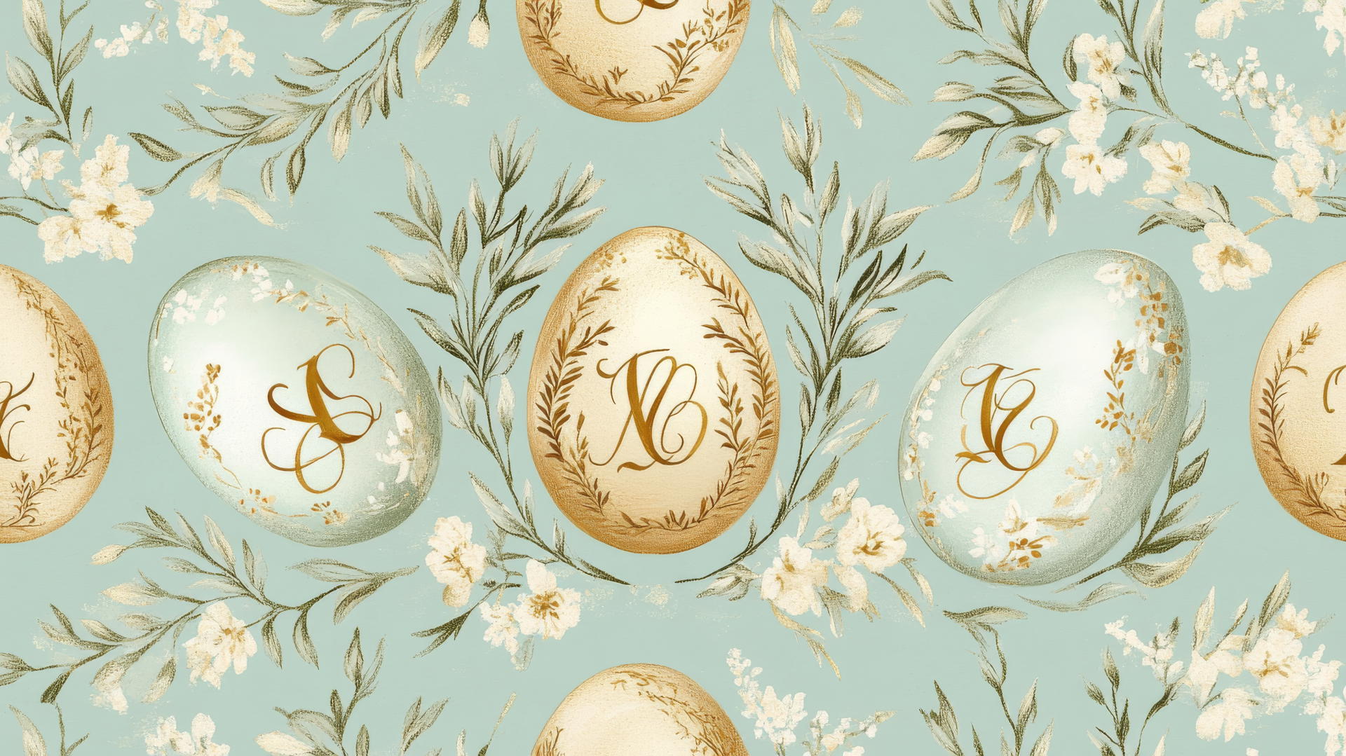 preppy easter wallpaper with monogrammed Easter eggs in gold on pastel backgrounds