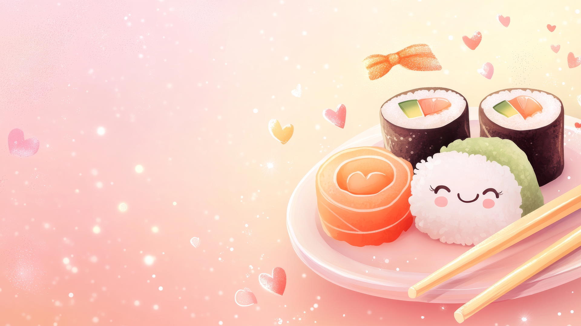 wallpapers cute kawaii-style sushi platter with smiling sushi rolls on pink background