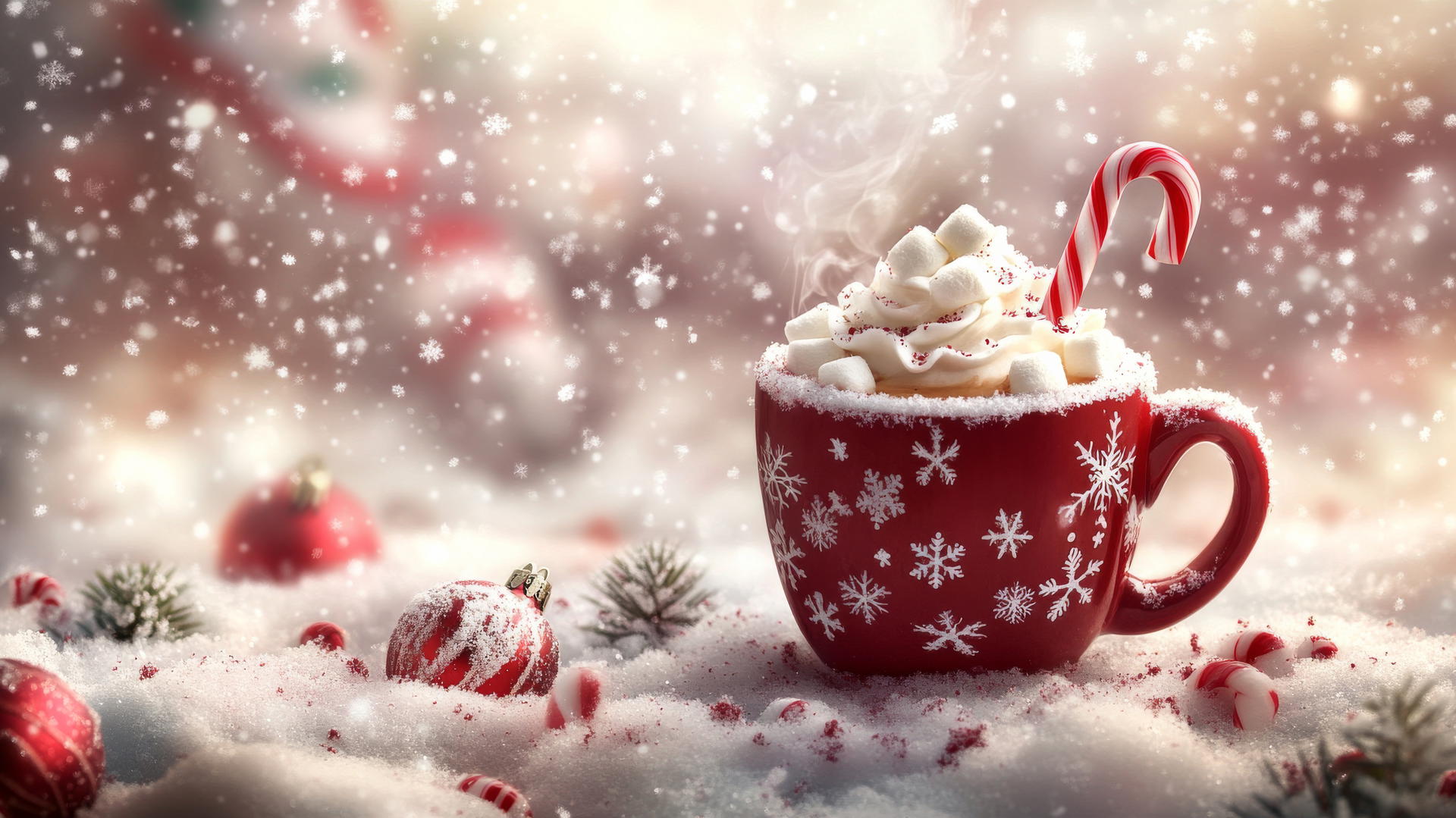 Cute wallpapers for Christmas: cozy hot cocoa with whipped cream and marshmallows