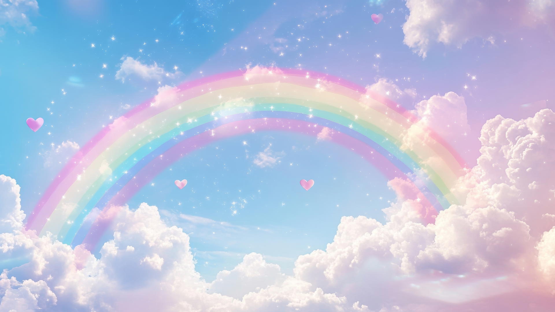 A digital pastel rainbow with fluffy clouds, stars, and hearts against a blue sky, popular cute wallpapers for girls