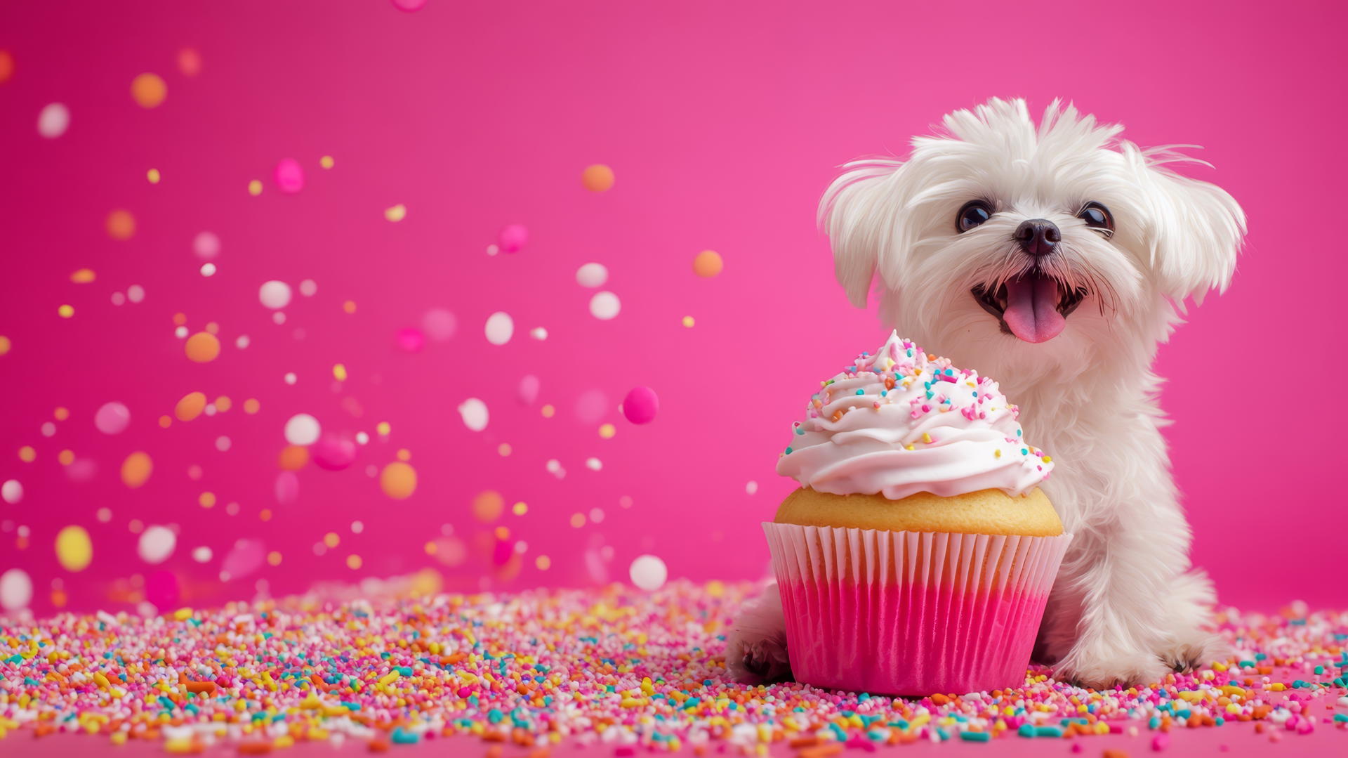 pink cute puppy wallpaper with bright pink background, giant cupcake, sprinkles
