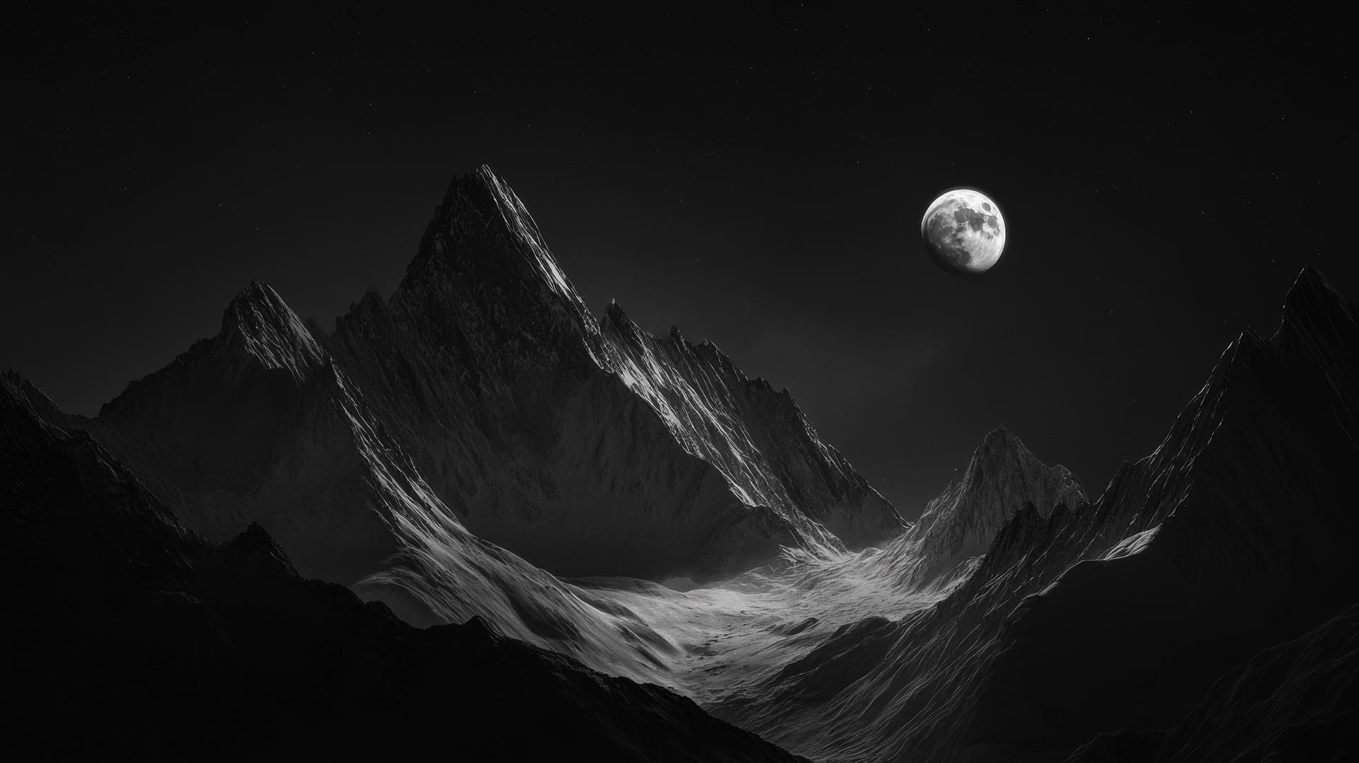 aesthetic black wallpaper of mystical mountain range faintly illuminated by a distant moon
