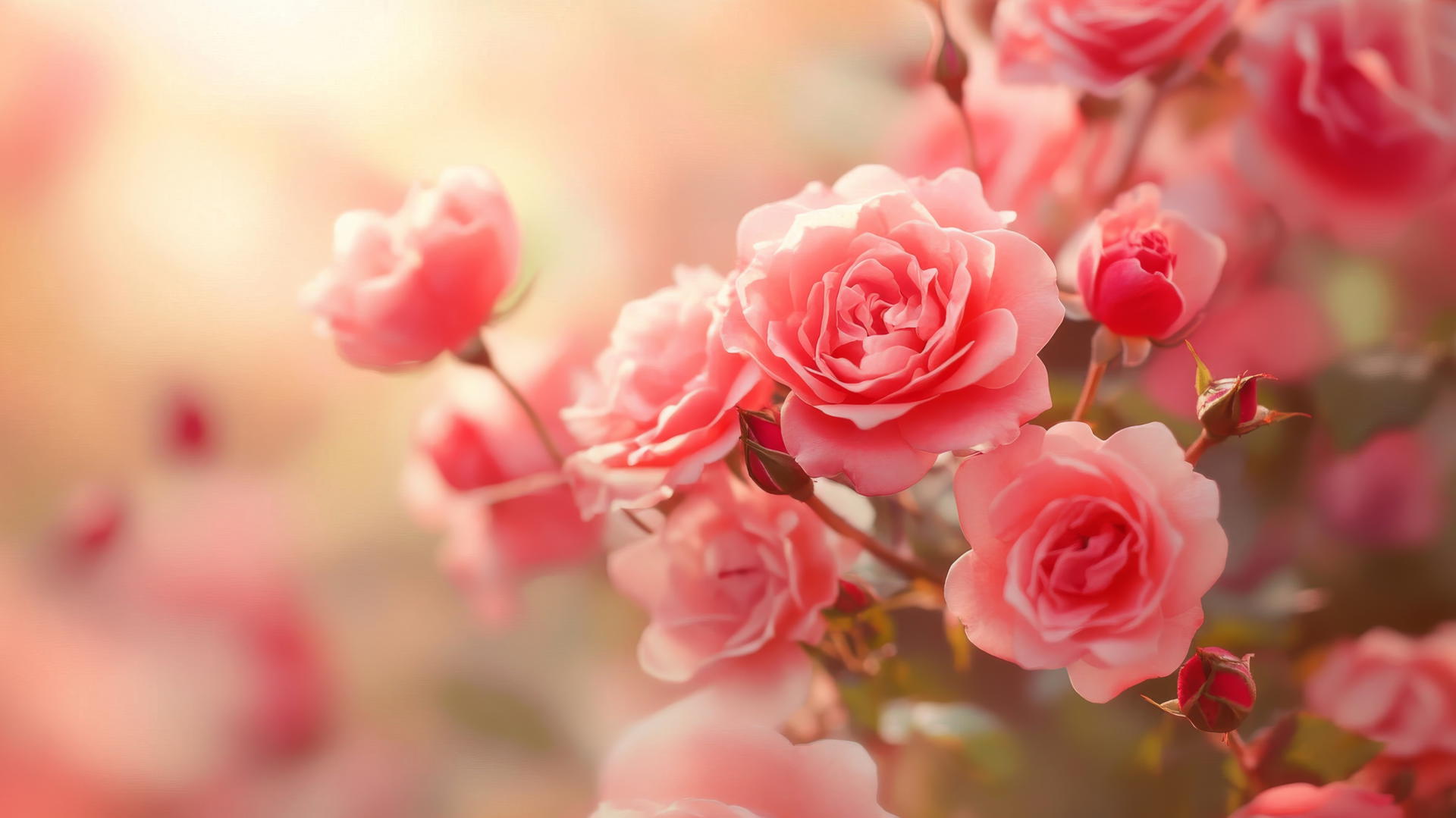 Flower nature wallpaper with blooming roses in pink and red tones