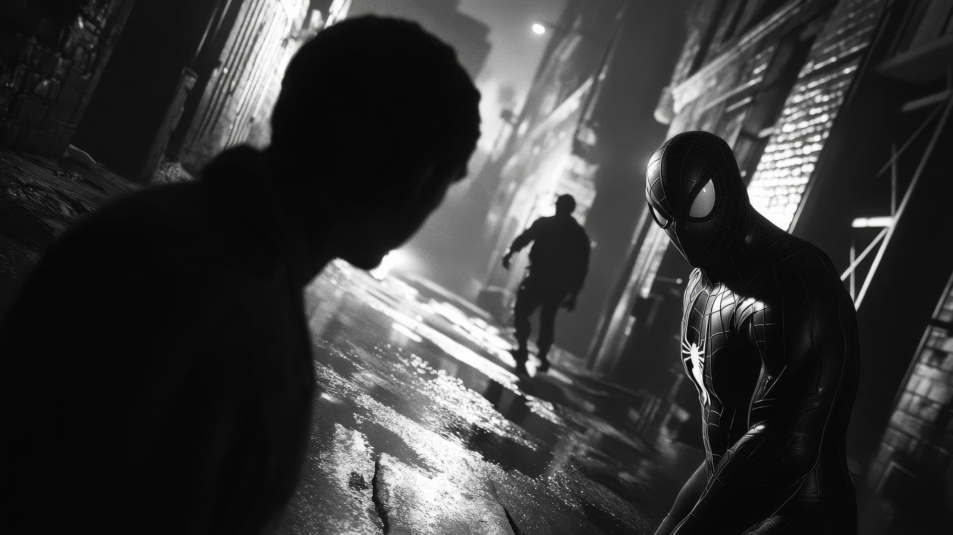 Spider-Man facing off against a shadowy figure in an alley, black and white, suspenseful and tense atmosphere, spider man wallpaper aesthetic