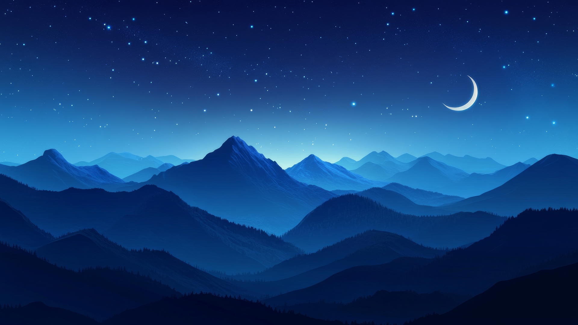 dark blue wallpaper with a mountain range under a night sky with stars and crescent moon