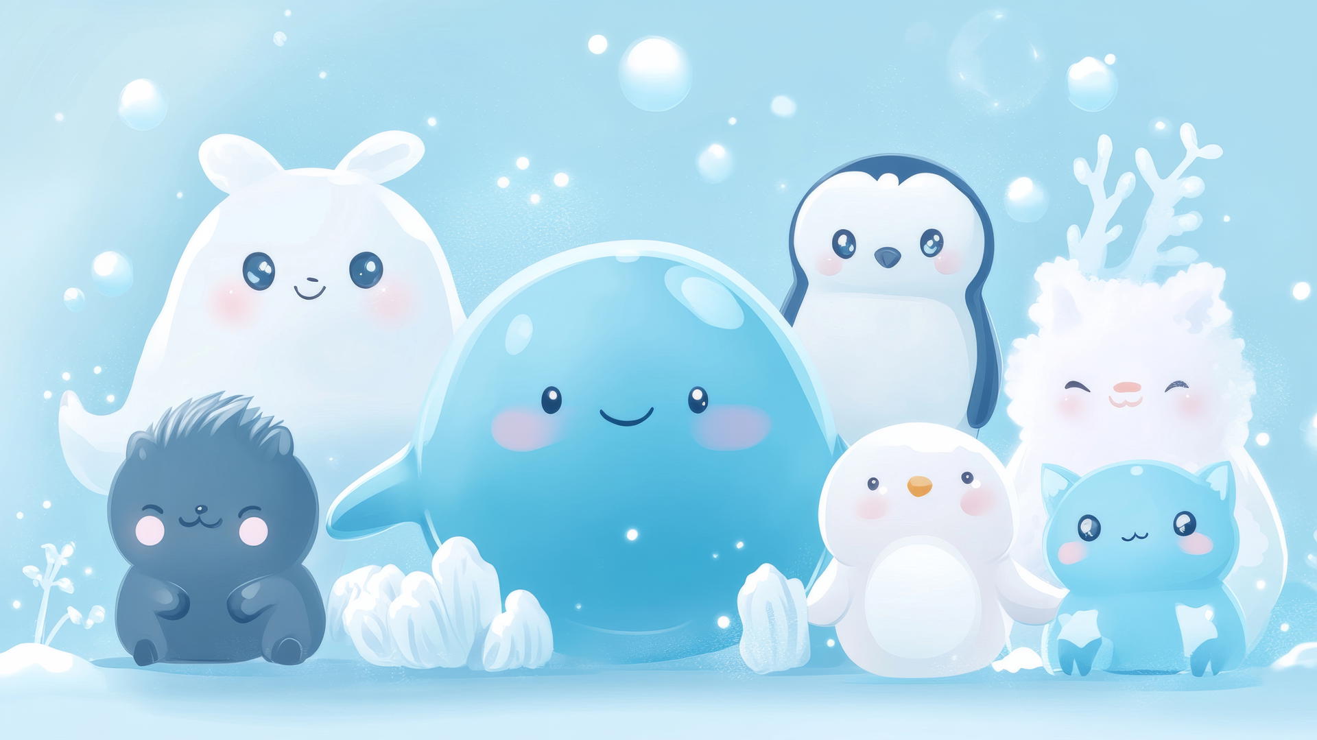 cute blue wallpaper with kawaii animals including a whale, kitten, and penguin