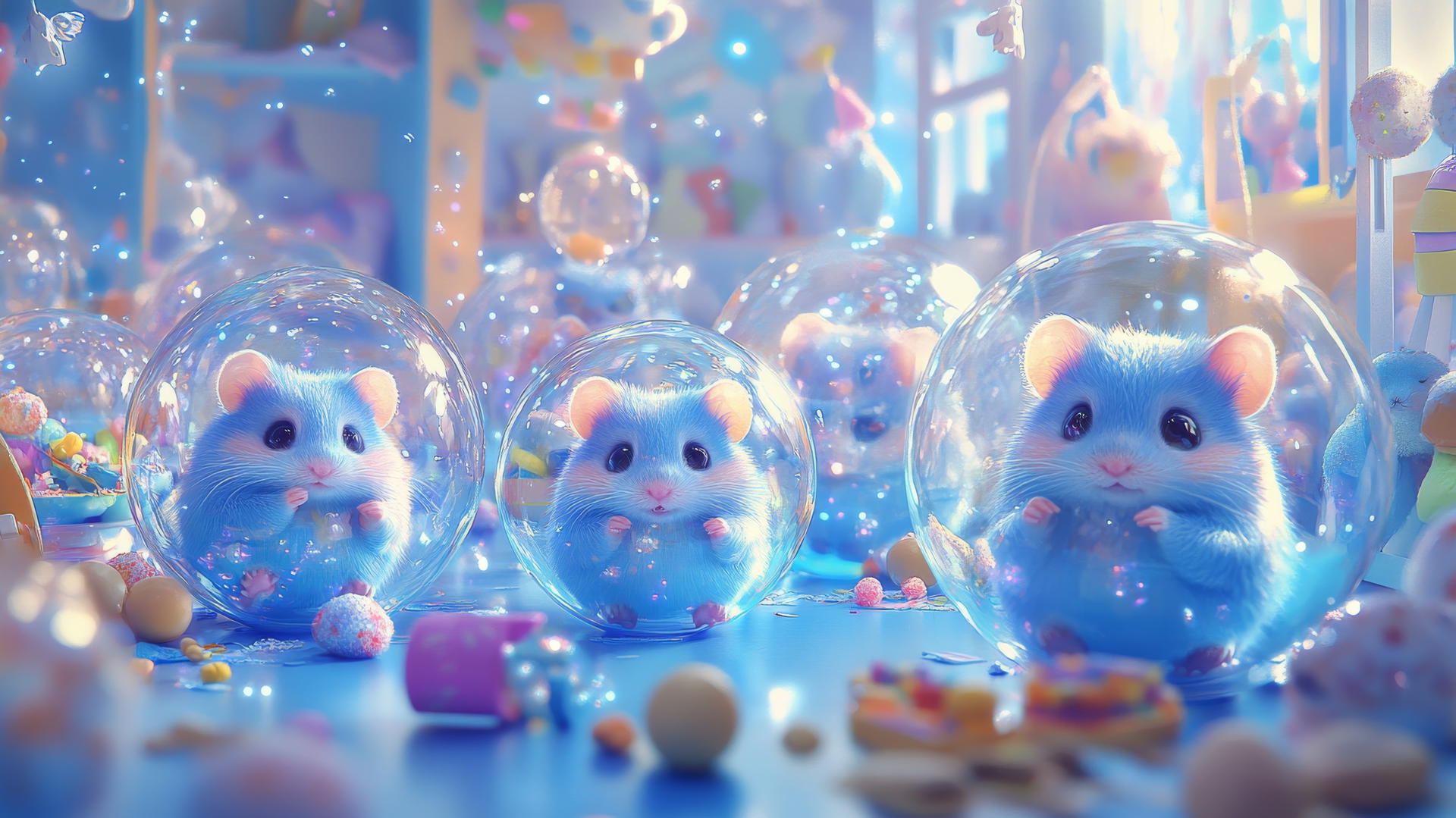 cute blue wallpaper with adorable hamsters in transparent balls
