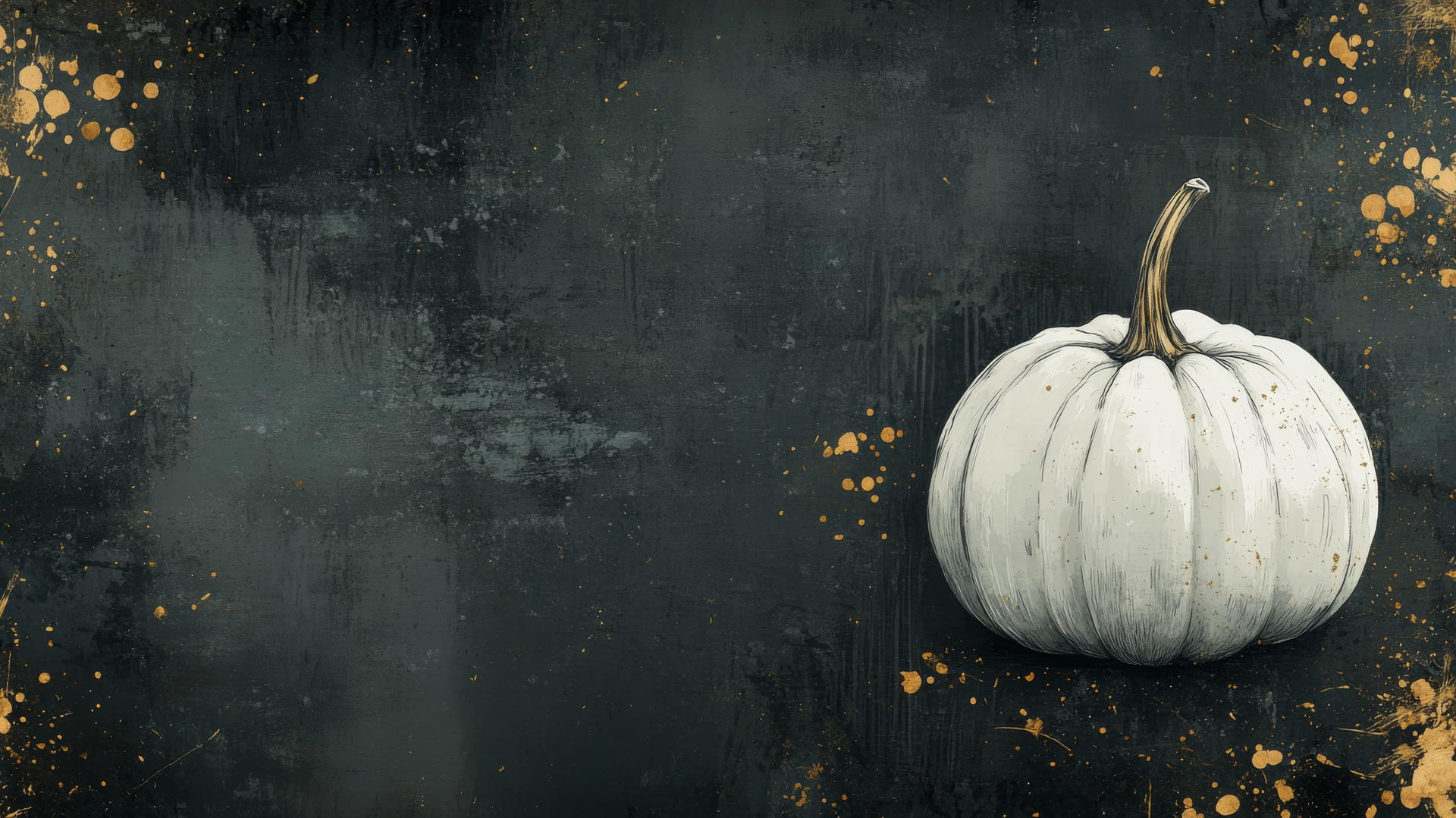 Aesthetic thanksgiving wallpaper with a single white pumpkin on a dark slate background, gold ink splatters and fine brushstrokes.