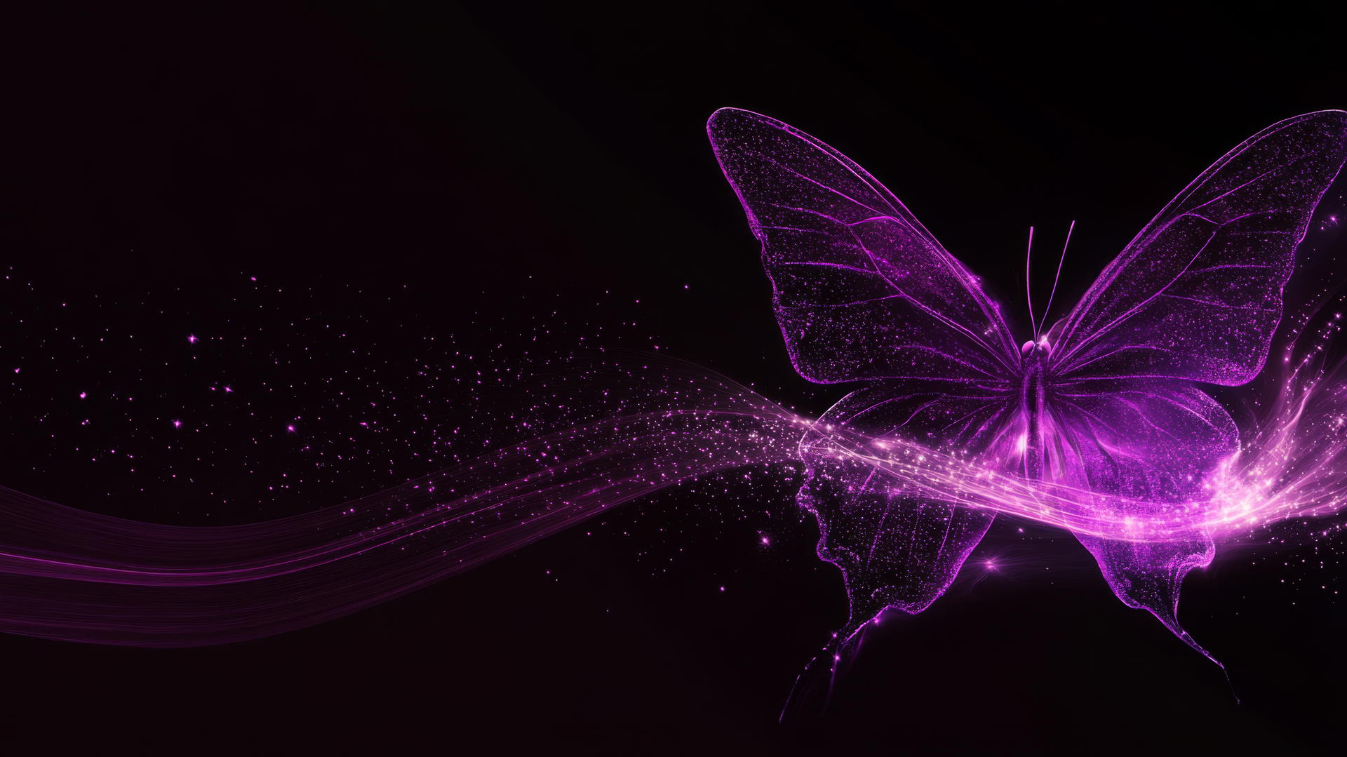 neon purple butterfly with light trails and glowing sparkles on black background