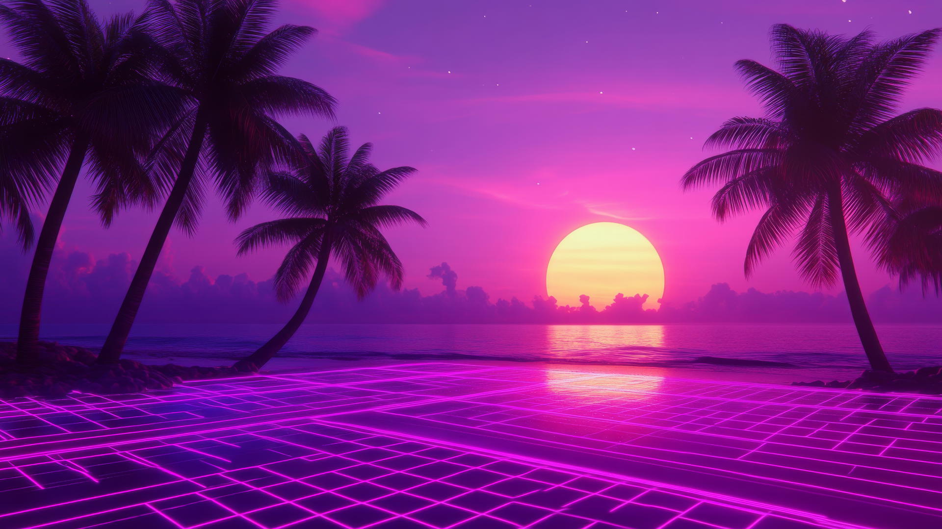 neon purple aesthetic wallpaper featuring palm trees, gridlines, and a purple sun