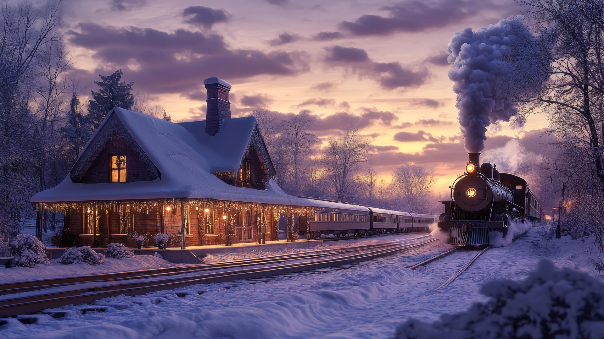 quiet snow-covered train station at dusk, vintage steam train arriving, winter background wallpaper