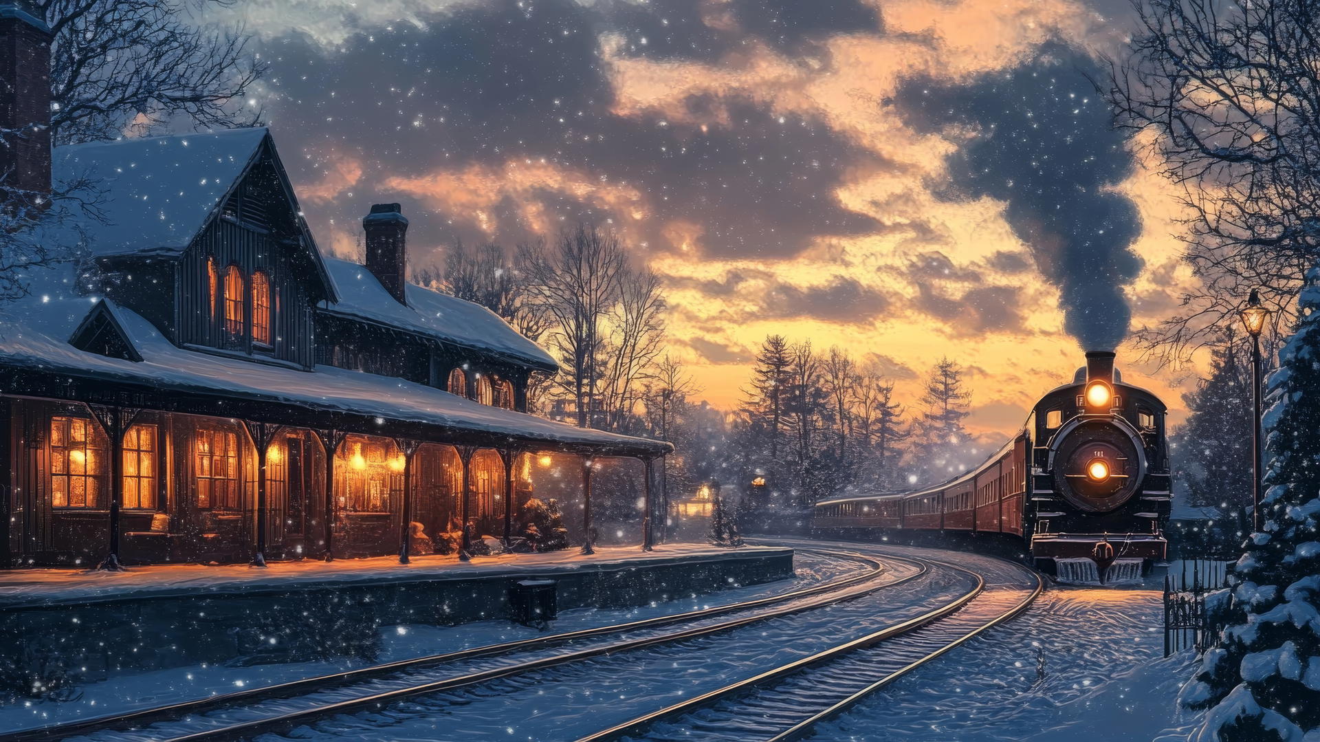 winter background wallpaper of a quiet snow-covered train station at dusk