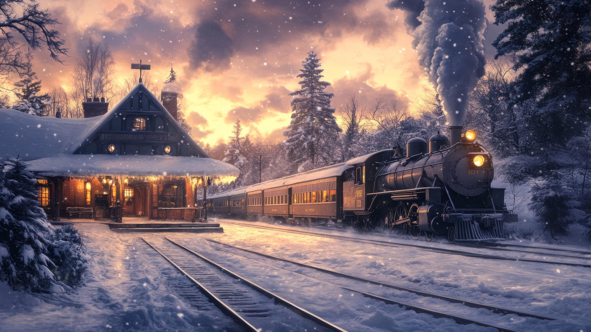 winter background wallpaper of a quiet, snow-covered train station at dusk with a vintage steam train arriving