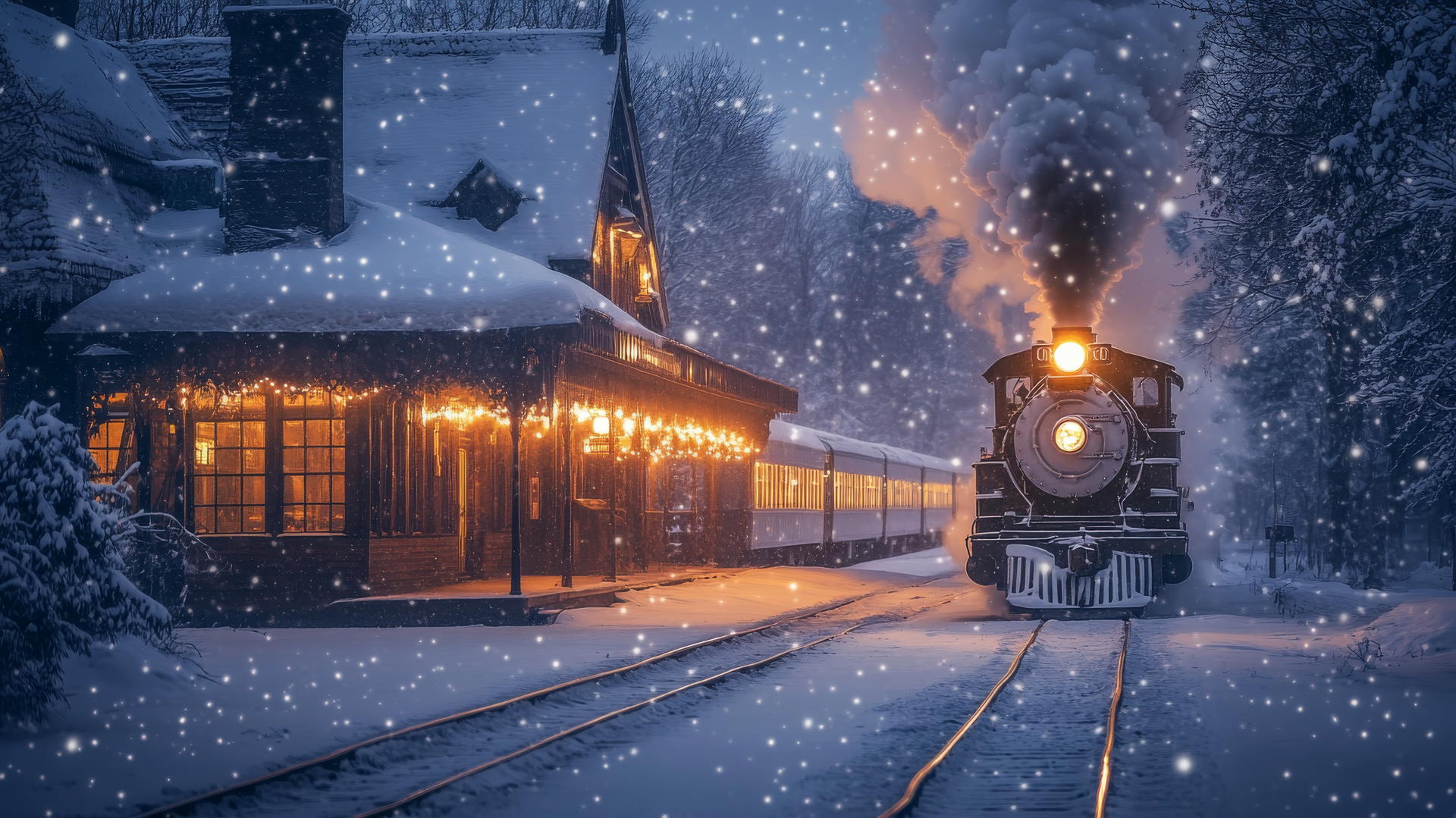 winter background wallpaper with a snow-covered train station at dusk and a vintage steam train arriving with glowing lights
