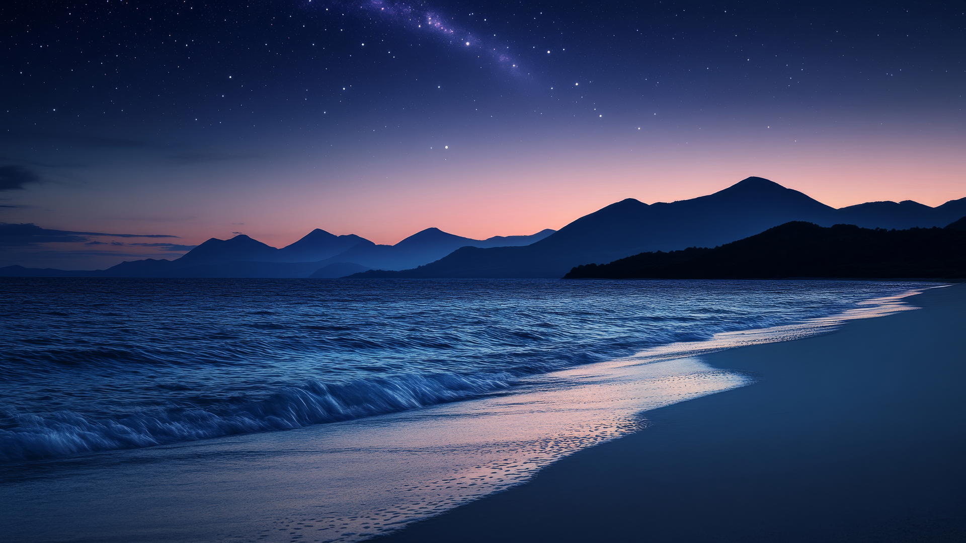 beach wallpaper at night with starry sky and moonlit ocean