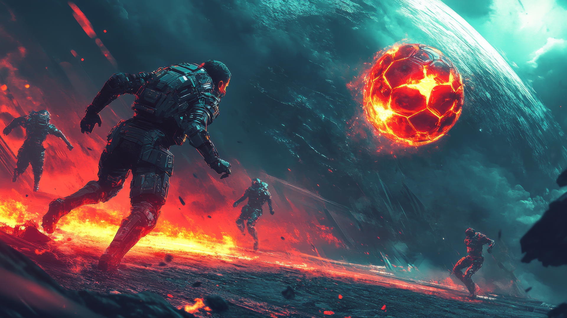 Sci-fi football match on an alien planet with players in futuristic armor, glowing energy ball; cool wallpapers for boys