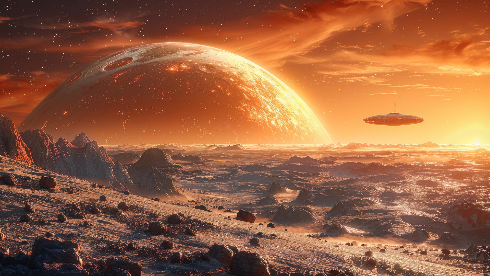 Alien spacecraft in space capturing photos.