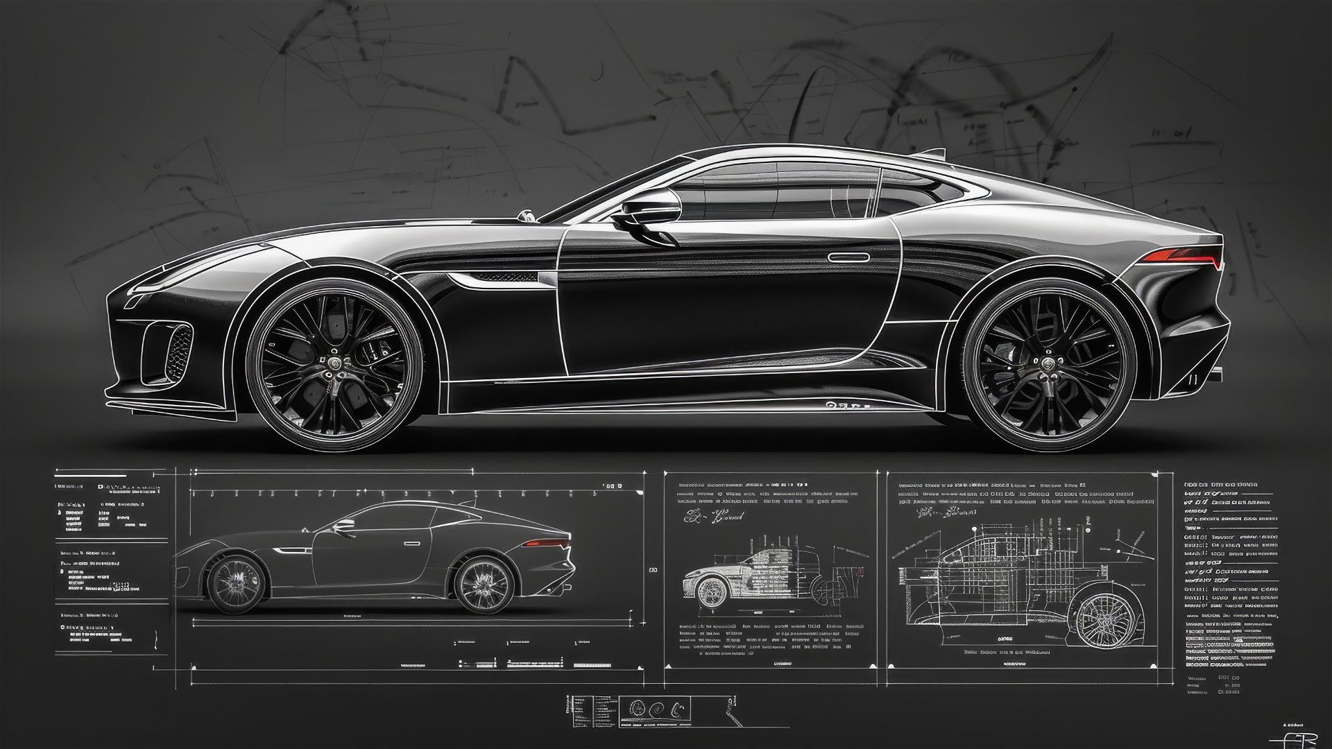 Black and white Jaguar F-Type blueprint and sketch, 3/4 front view.