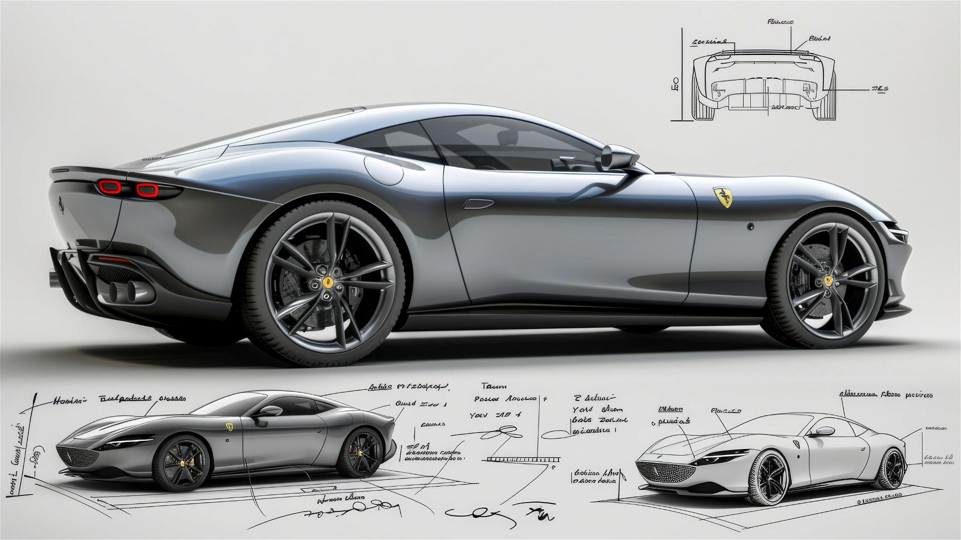 Black and white Ferrari Roma blueprint and sketch, 3/4 front view