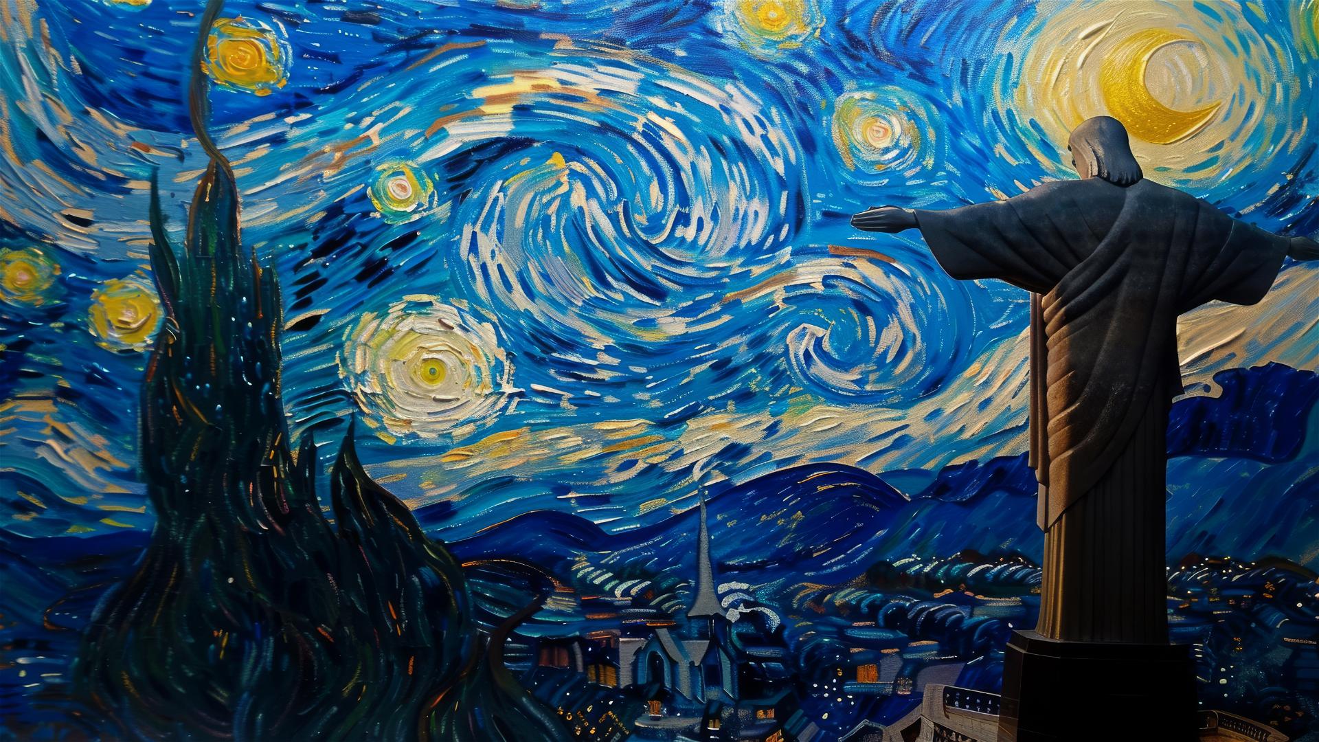 Christ the Redeemer at night with van Gogh-style starry sky