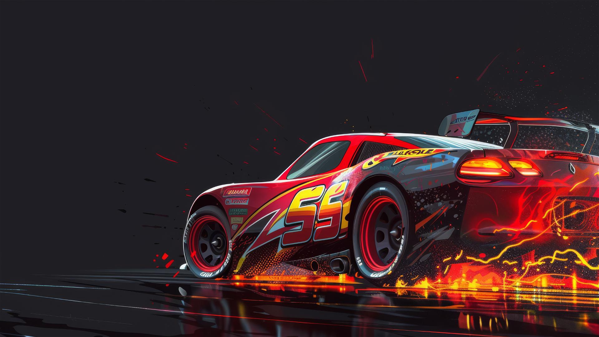 Rear close-up of Lightning McQueen styled like Pixar with spotlight effect on dark background