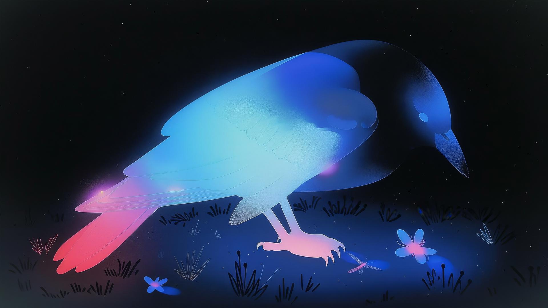 Large transparent crow beholding a luminous firefly on its wing
