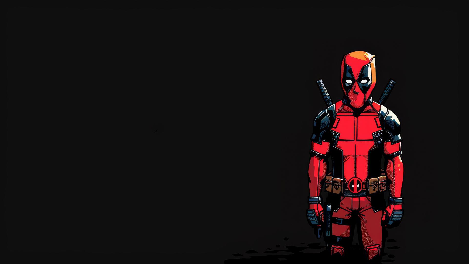 8-bit pixel art of little Deadpool on solid black background