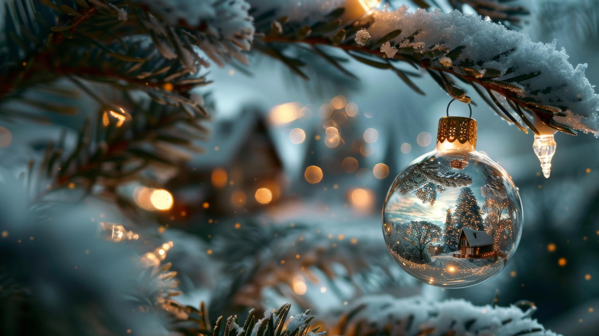 Glass Christmas balls with snowy villages hanging on a tree